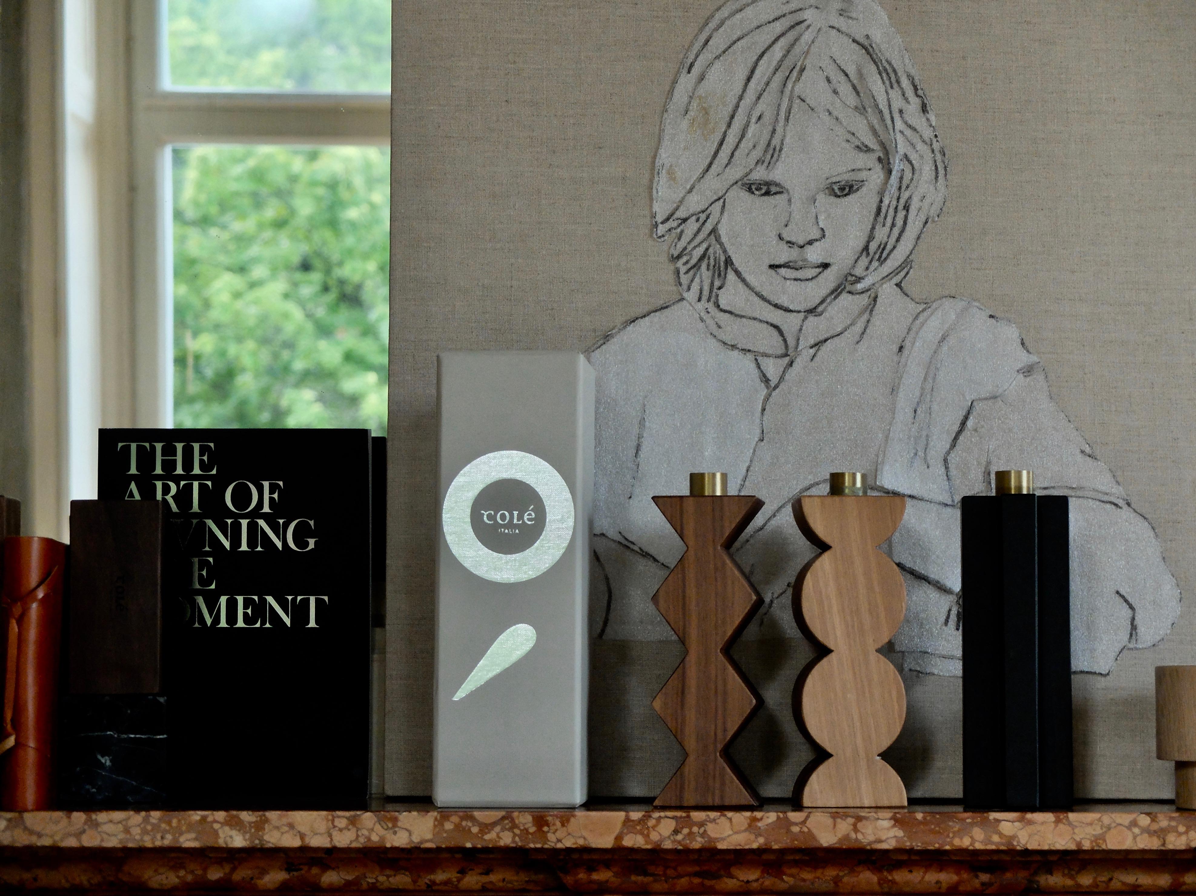 Quercia Constantin II + III Set of Two Candleholders in Black Oak, Walnut and Brass in vendita