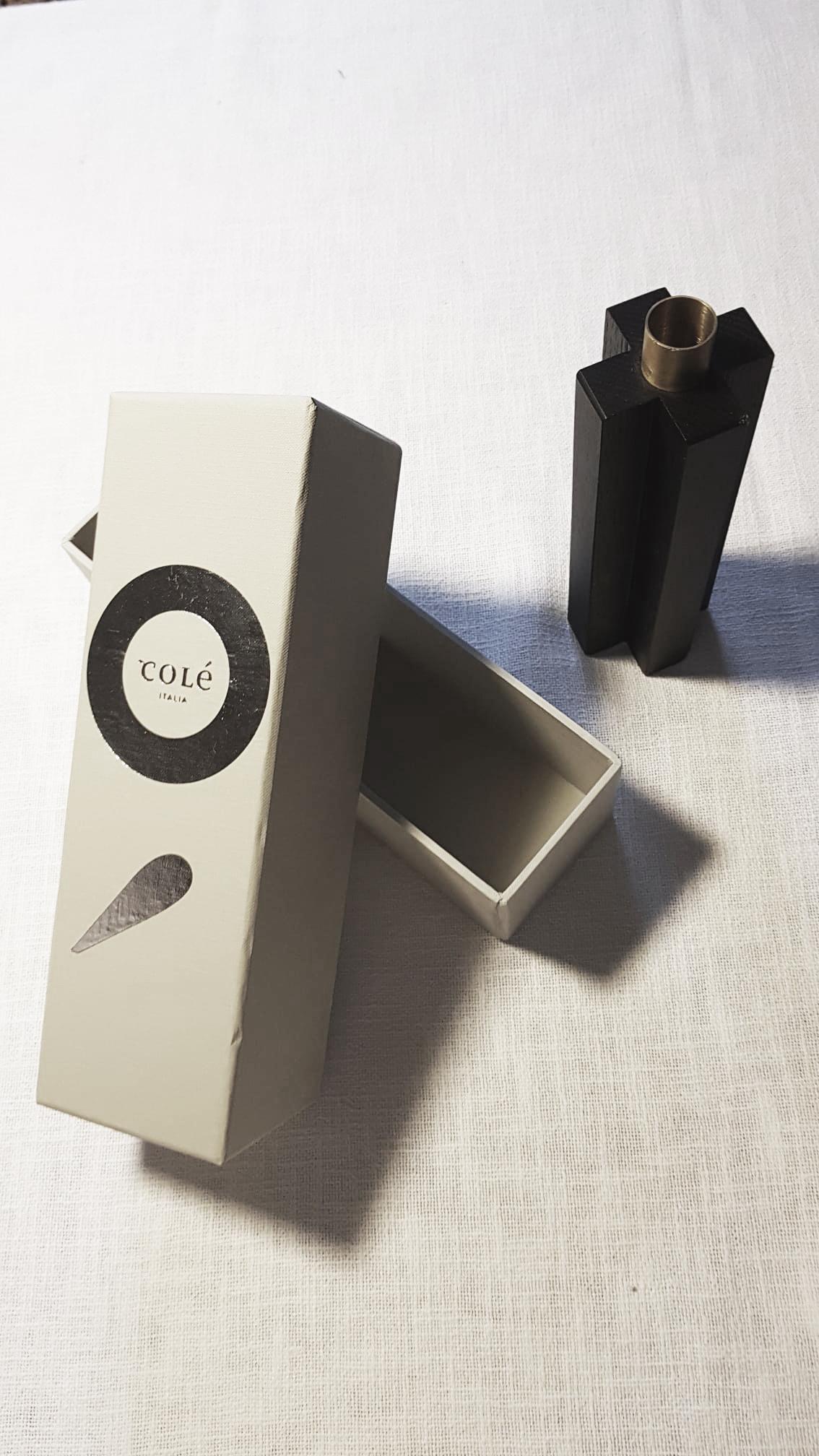 Intagliato Constantin II + III Set of Two Candleholders in Black Oak, Walnut and Brass in vendita