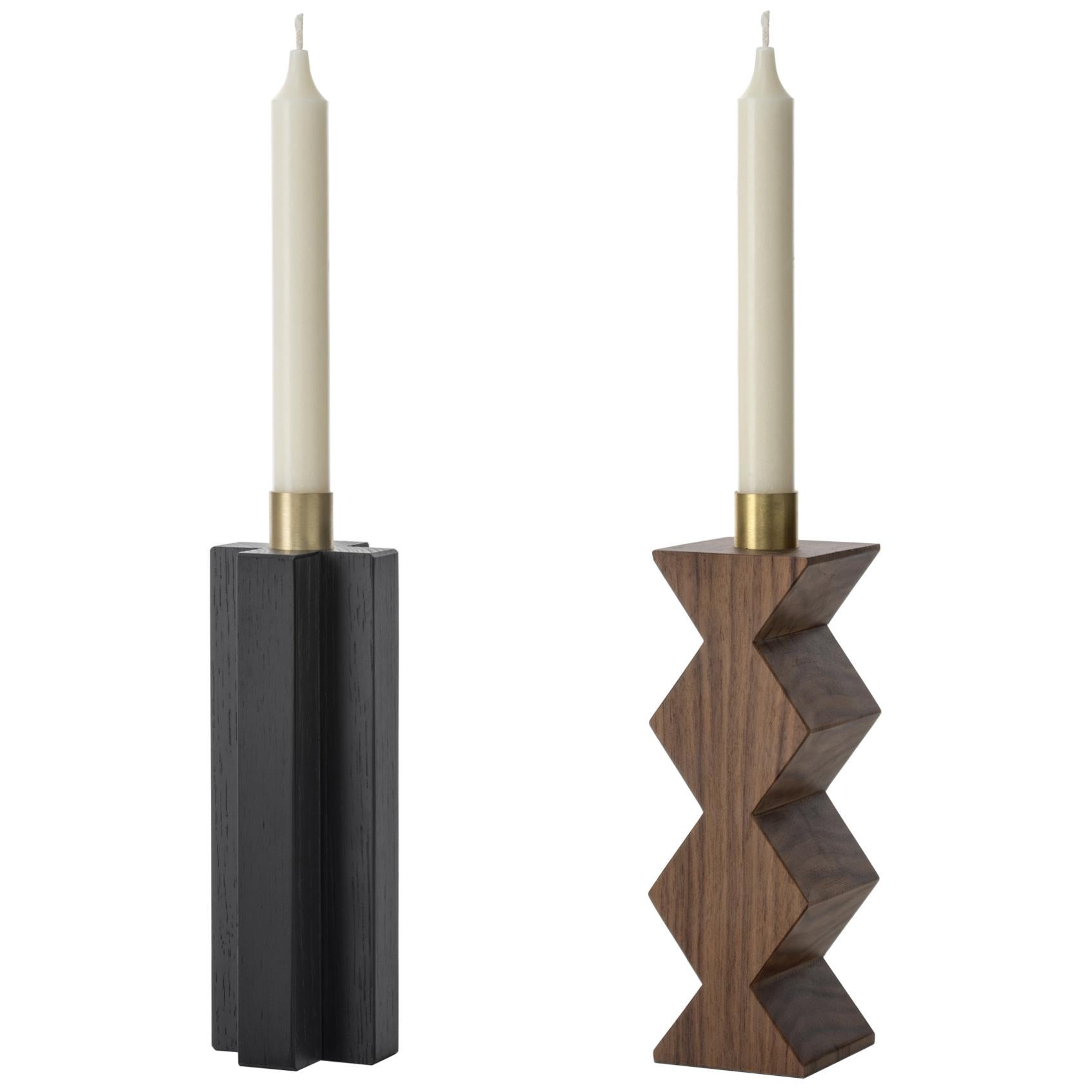 Constantin II + III Set of Two Candleholders in Black Oak, Walnut and Brass