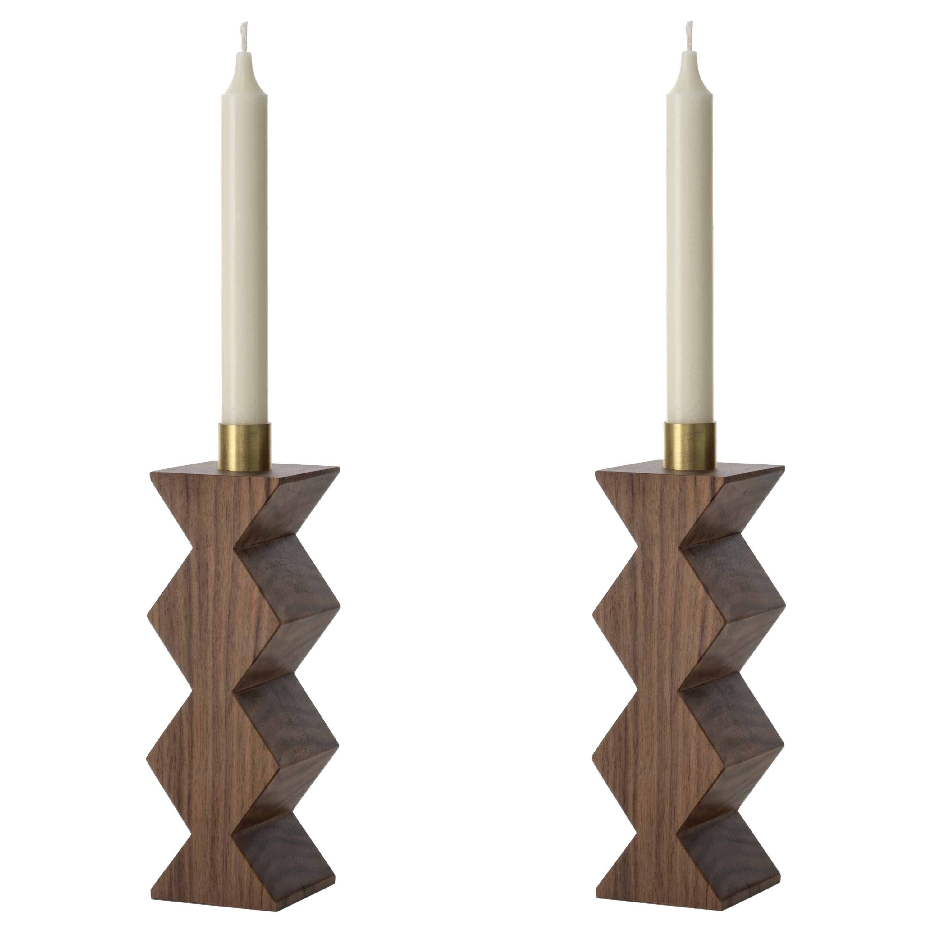 Constantin III Set of Two Candleholders in Natural Walnut and Brass
