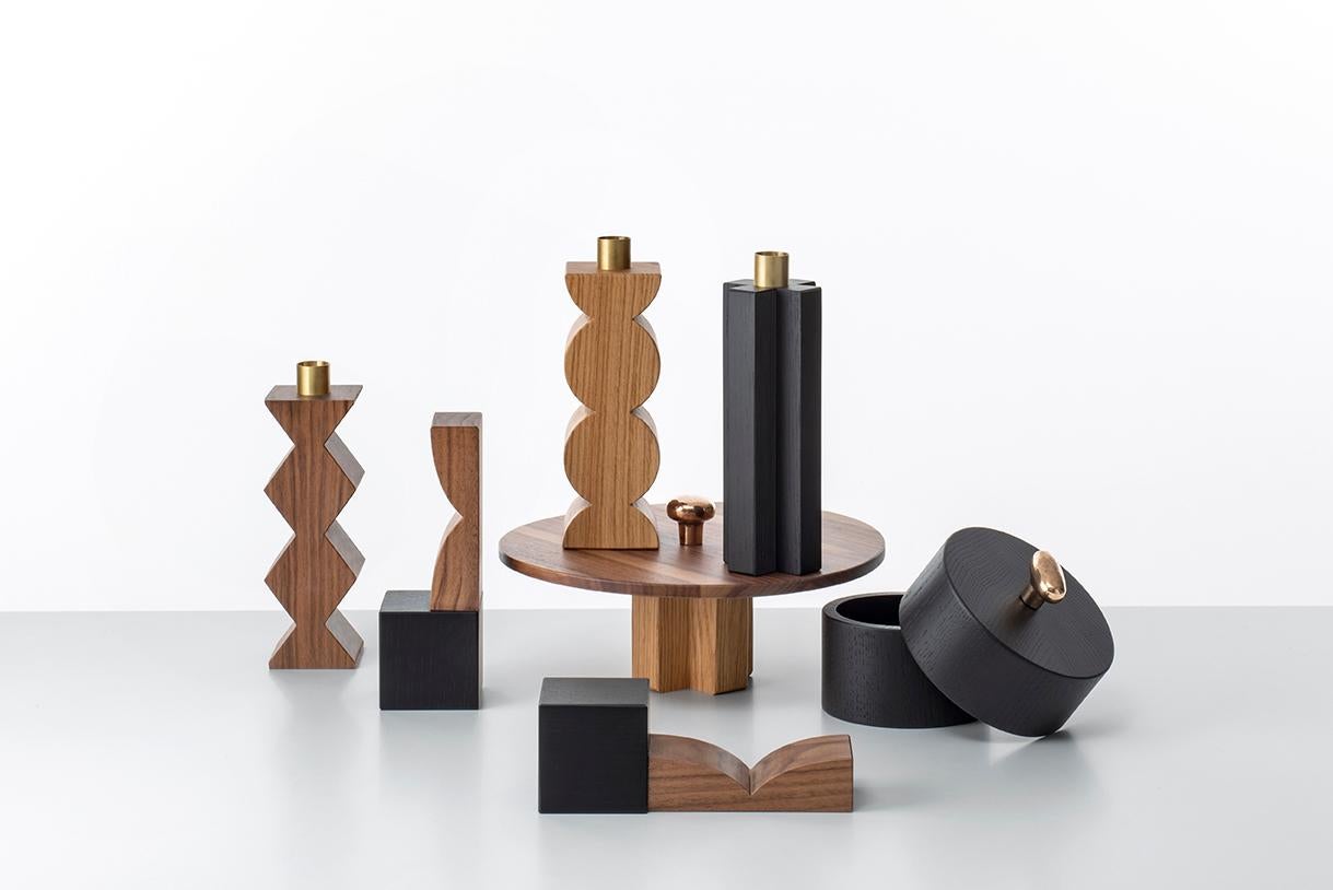 Contemporary Constantin III, Candleholder in Walnut and Brass Minimalist Design with Rhombus