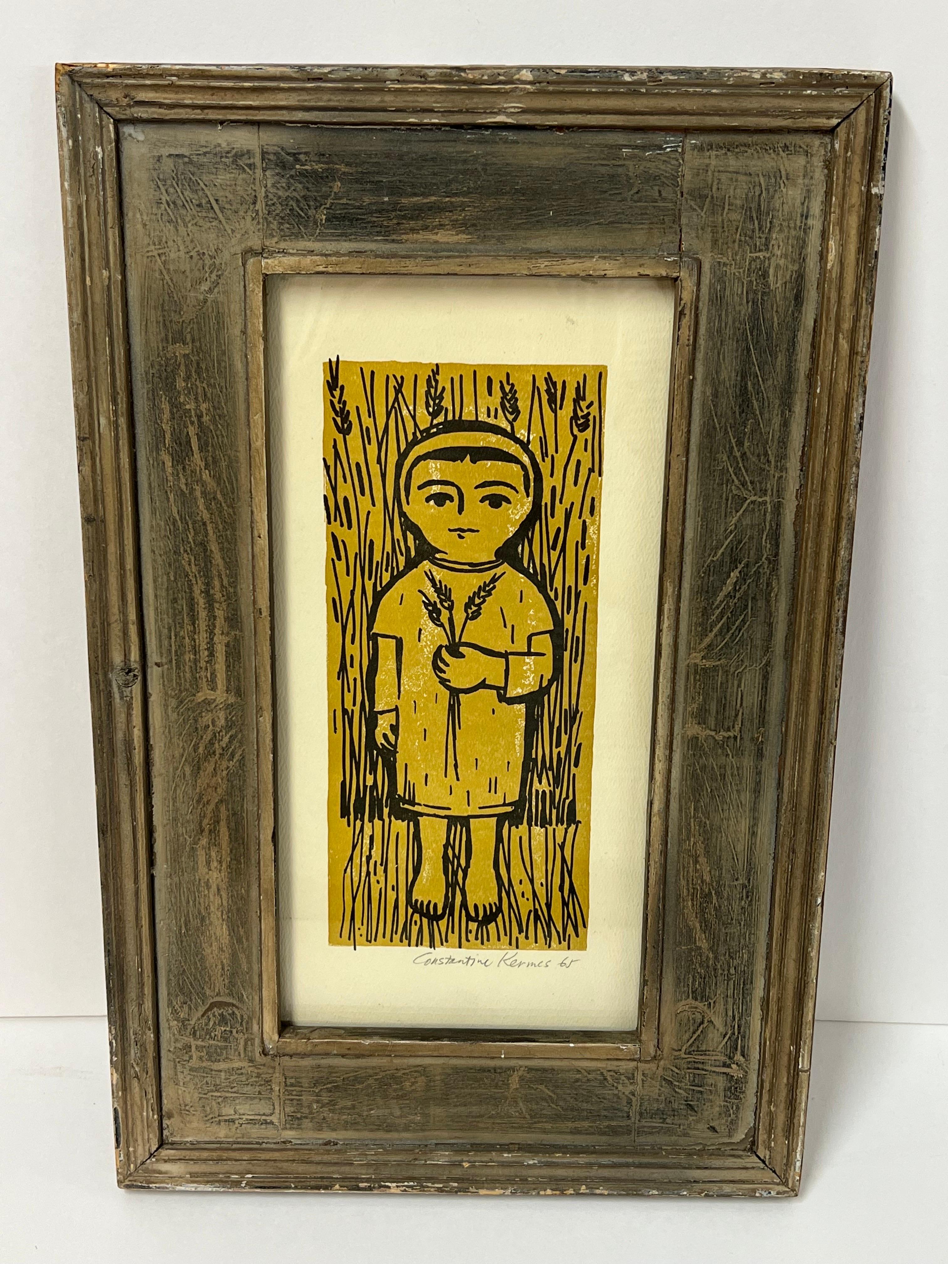 Constantin Kermes (American-Pennsylvania, b. 1923)
Signed Mid Century Woodblock Print of a Girl. Signed and dated lower right. Kermes is an industrial designer known for his work of everyday life in Amish Country Pennsylvania. This lovely woodblock