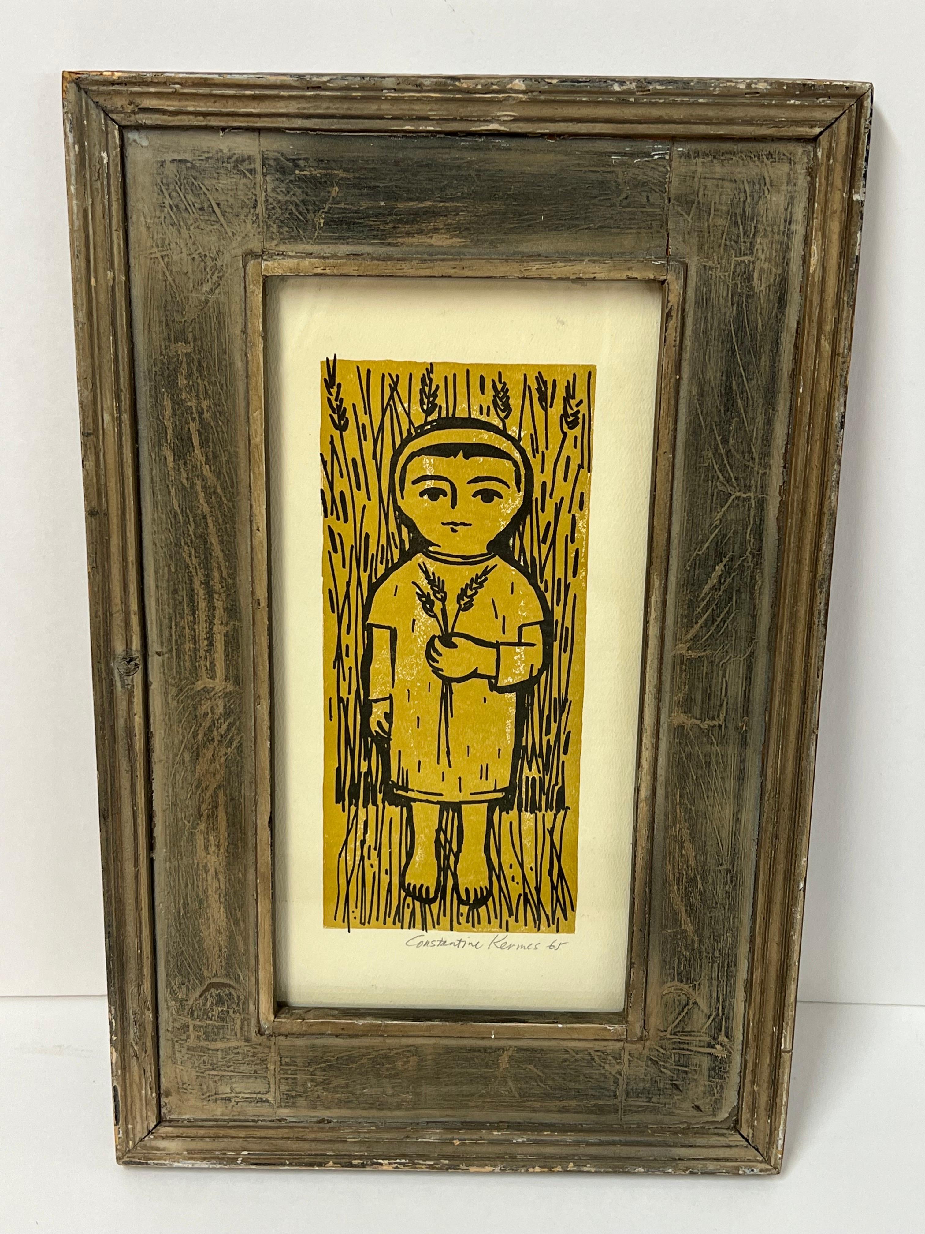 Constantin Kermes Signed Mid Century Woodblock Print of a Girl In Good Condition For Sale In Redding, CT