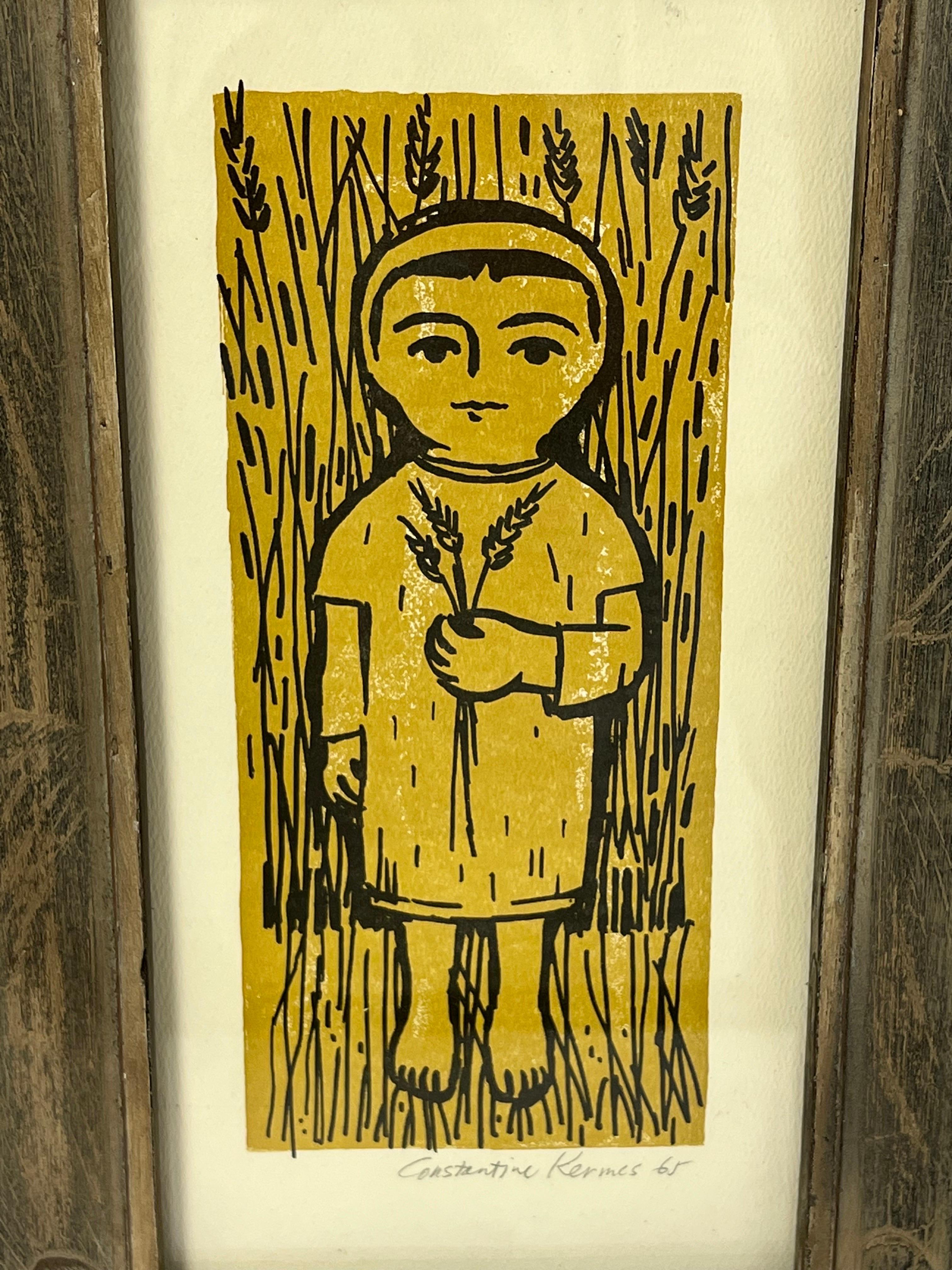 Constantin Kermes Signierter Holzschnitt eines Mädchens aus der Mitte des Jahrhunderts (Mitte des 20. Jahrhunderts) im Angebot