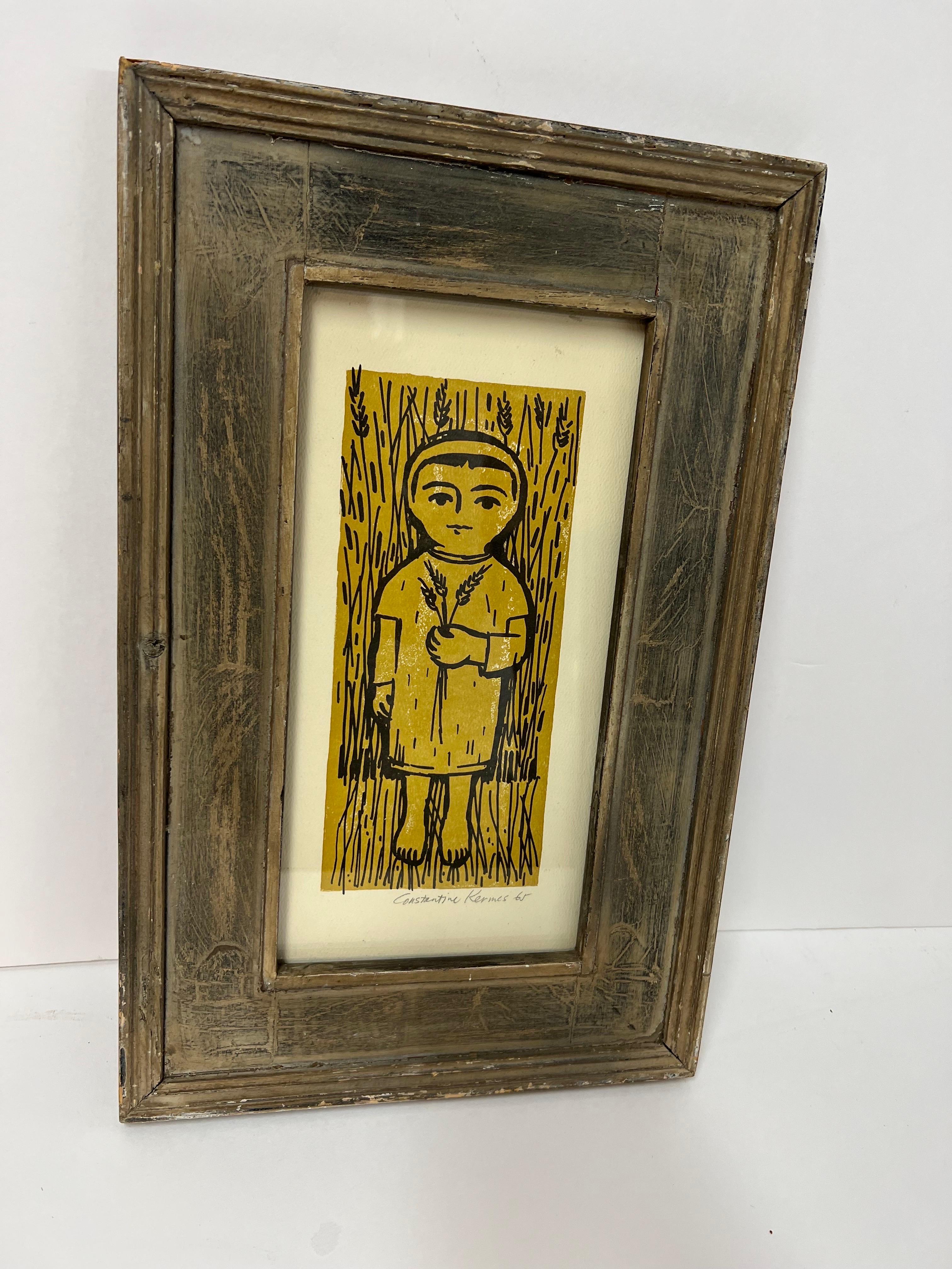 Constantin Kermes Signed Mid Century Woodblock Print of a Girl For Sale 4