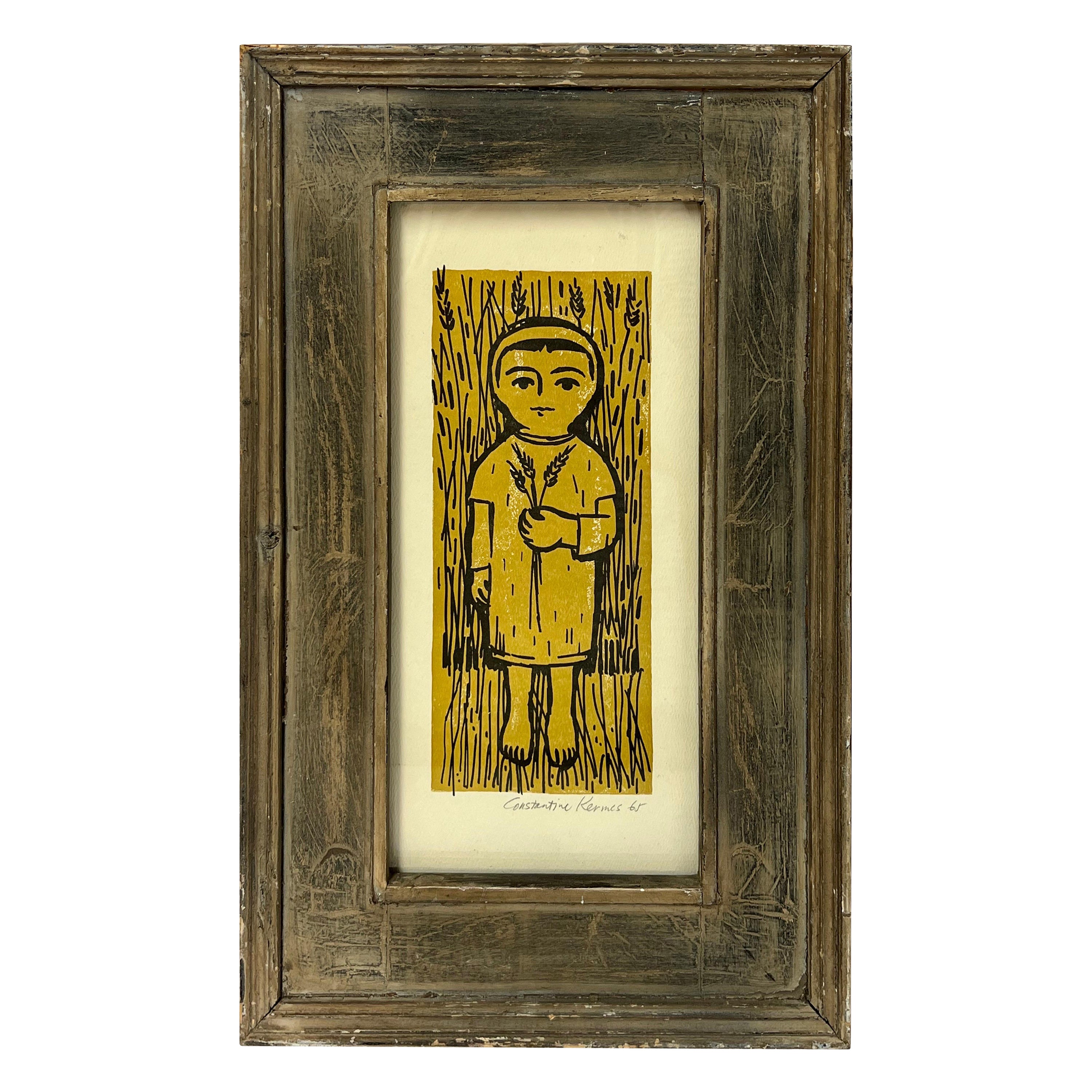Constantin Kermes - Gravure sur bois du milieu du siècle, signée, représentant une jeune fille