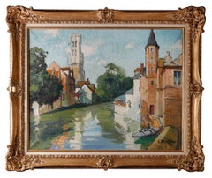 20th century Bruges Riverscape naturalistic landscape painting
