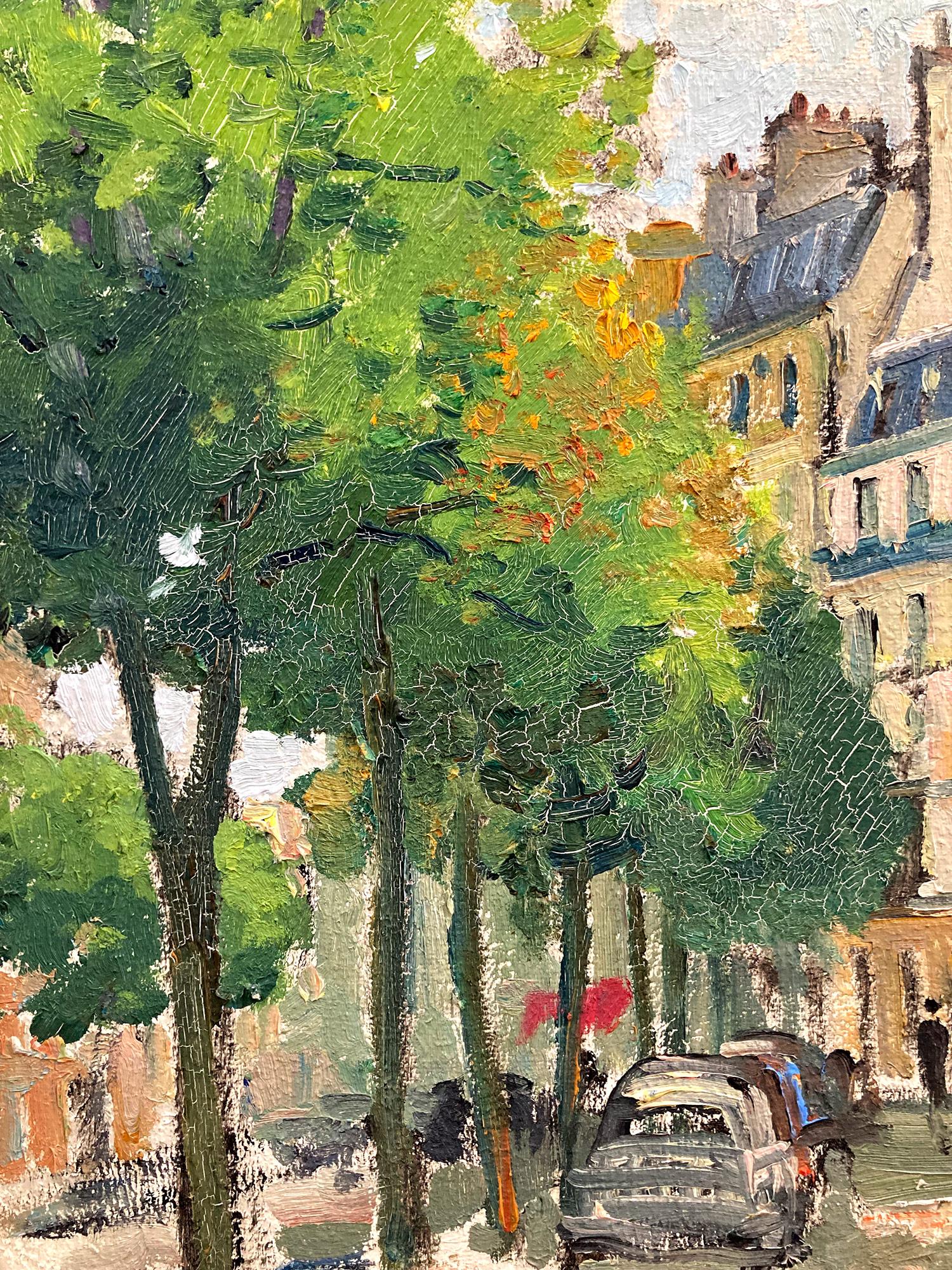 A stunning and masterful depiction of a Parisian street view from the 20th Century. The artist executed this painting en plein air with street life and cars parked along into the distance. Constantin Kluge executes this piece with thick brush