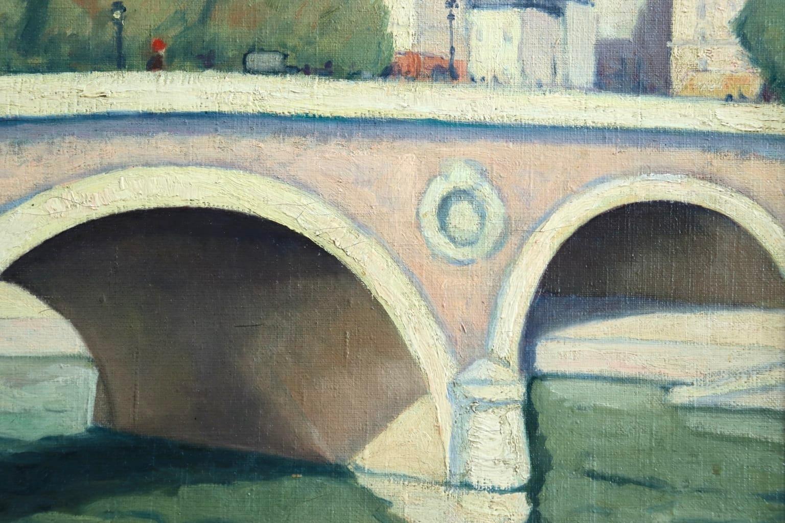 A beautiful oil on canvas by Latvian-born post impressionist painter Constantin Kluge. The work shows figures on the Pont Louis Philippe bridge over the River Seine, Paris with the Eglise Saint Gervais in the background. Signed lower