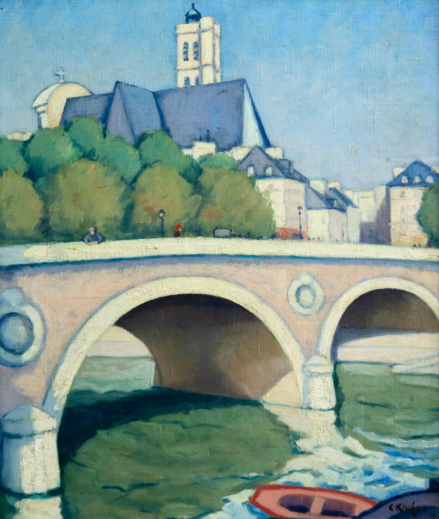 Constantin Kluge Landscape Painting - Pont Louis Philippe - Paris - Post Impressionist Oil, River Cityscape by C Kluge