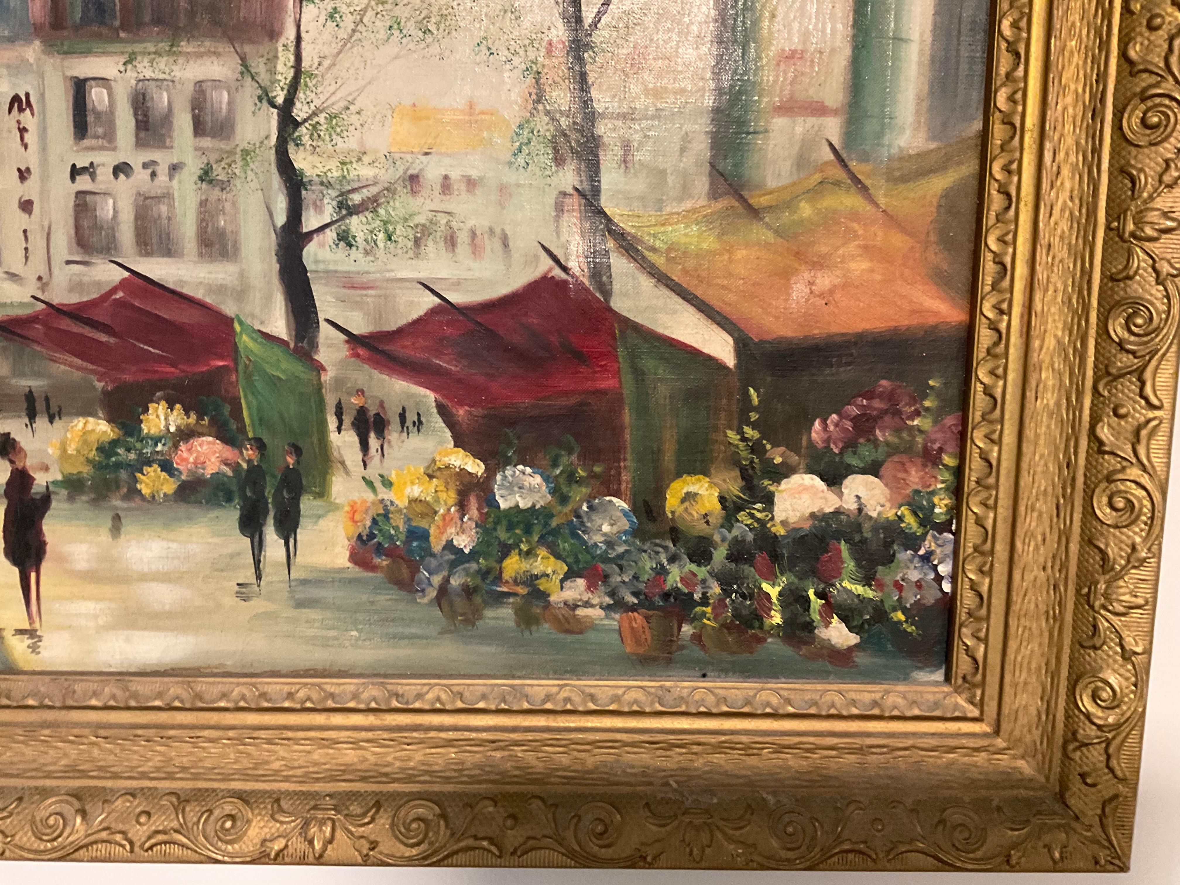 Mid-Century Modern Constantin Kluge - Peinture à l'huile vibrante sur toile - Scène de ville française  en vente