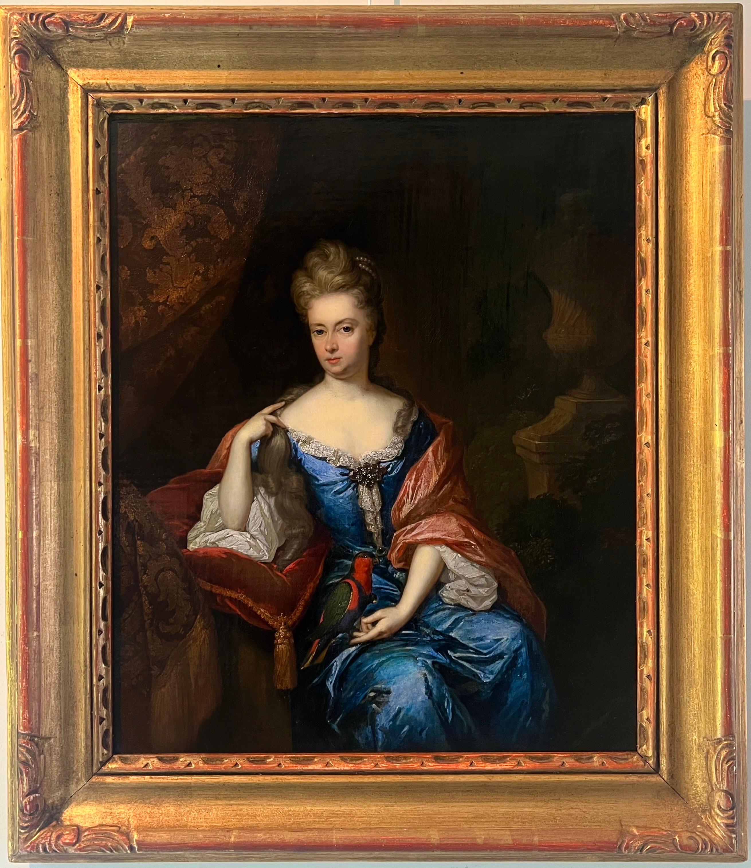 Portrait de maître ancien hollandais du 17e siècle représentant une dame noble avec un perroquet  1697 - Maîtres anciens Painting par Constantin Netscher 