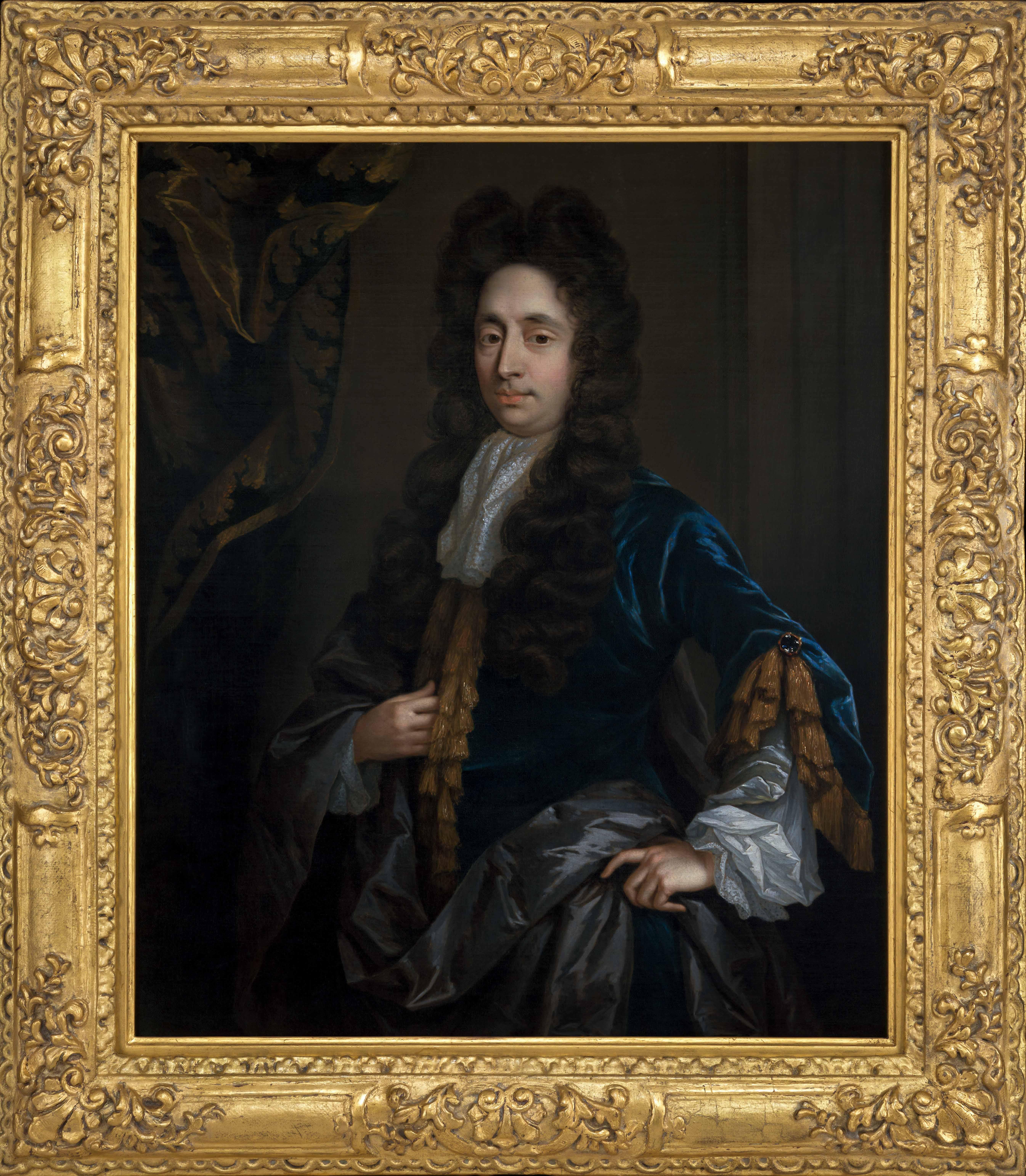 Portrait of a Gentleman in a Blue Coat Standing by a Curtain c.1695, Netscher - Art by Constantin Netscher 