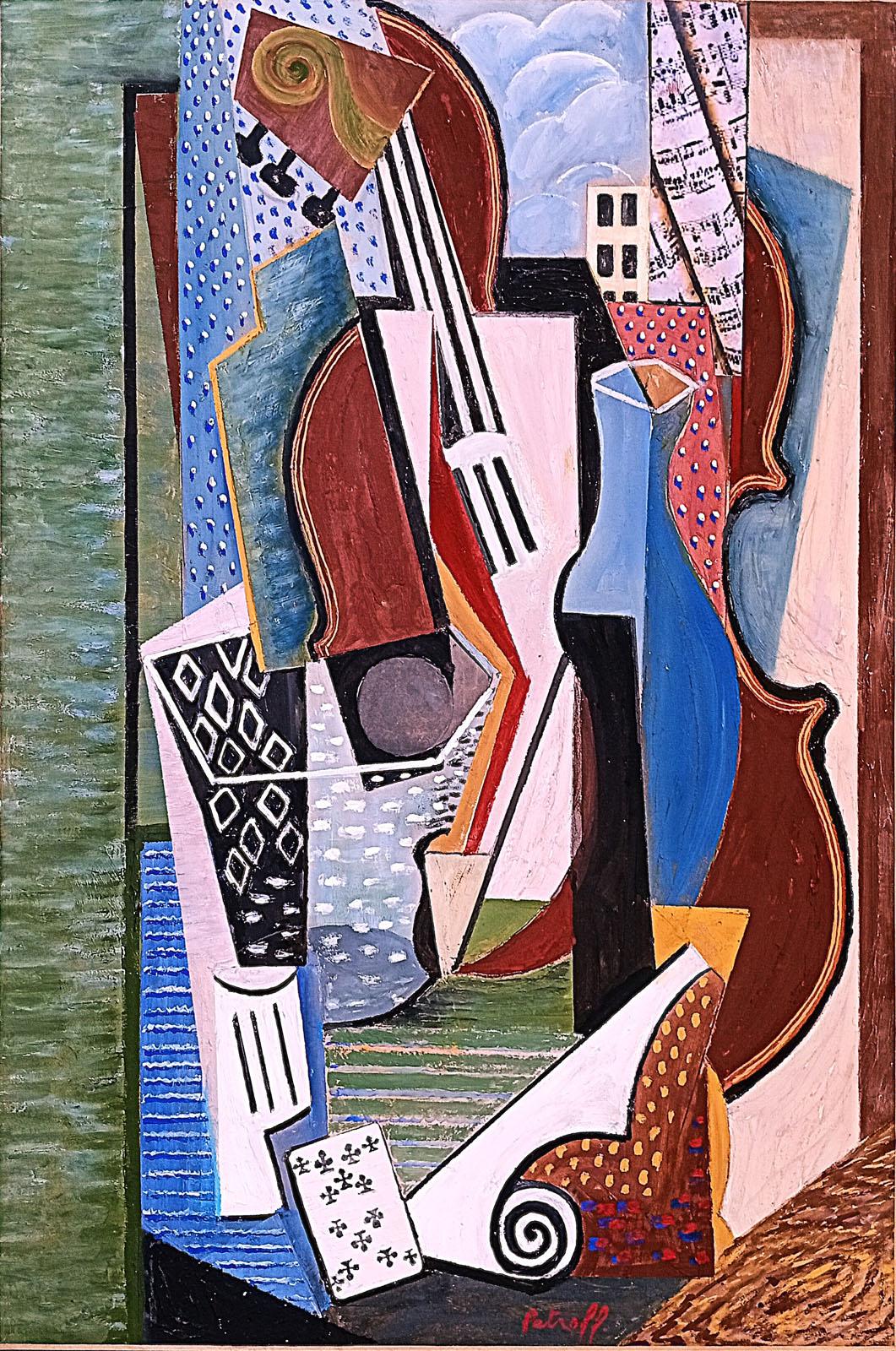Constantin PETROFF Abstract Painting - Composition cubiste au violon