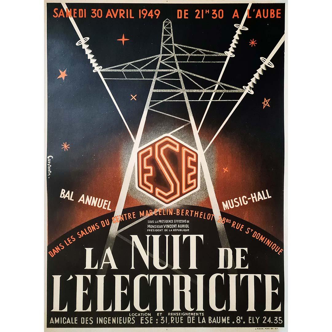 Schönes Originalplakat von 1949 von Constantin für den jährlichen Ball, die Nacht der Elektrizität erstellt.

Elektrizität - Tanz - Show

Annual Bal Music Hall - J. Ador