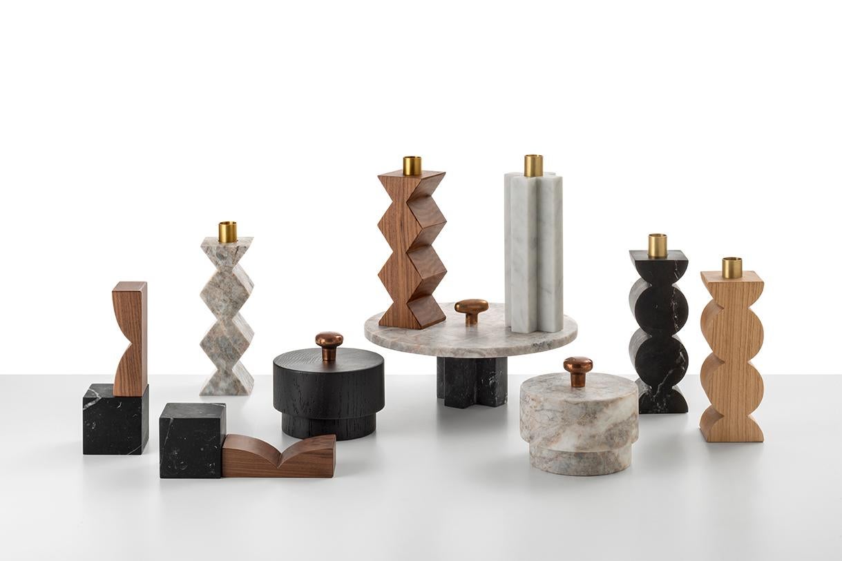 Constantin Set of Candleholders in wood and Brass Minimalist Design For Sale 4