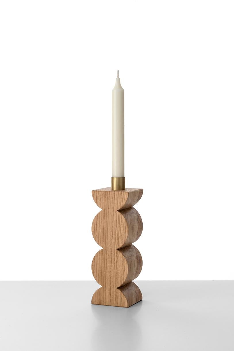 Carved Constantin Set of Candleholders in wood and Brass Minimalist Design