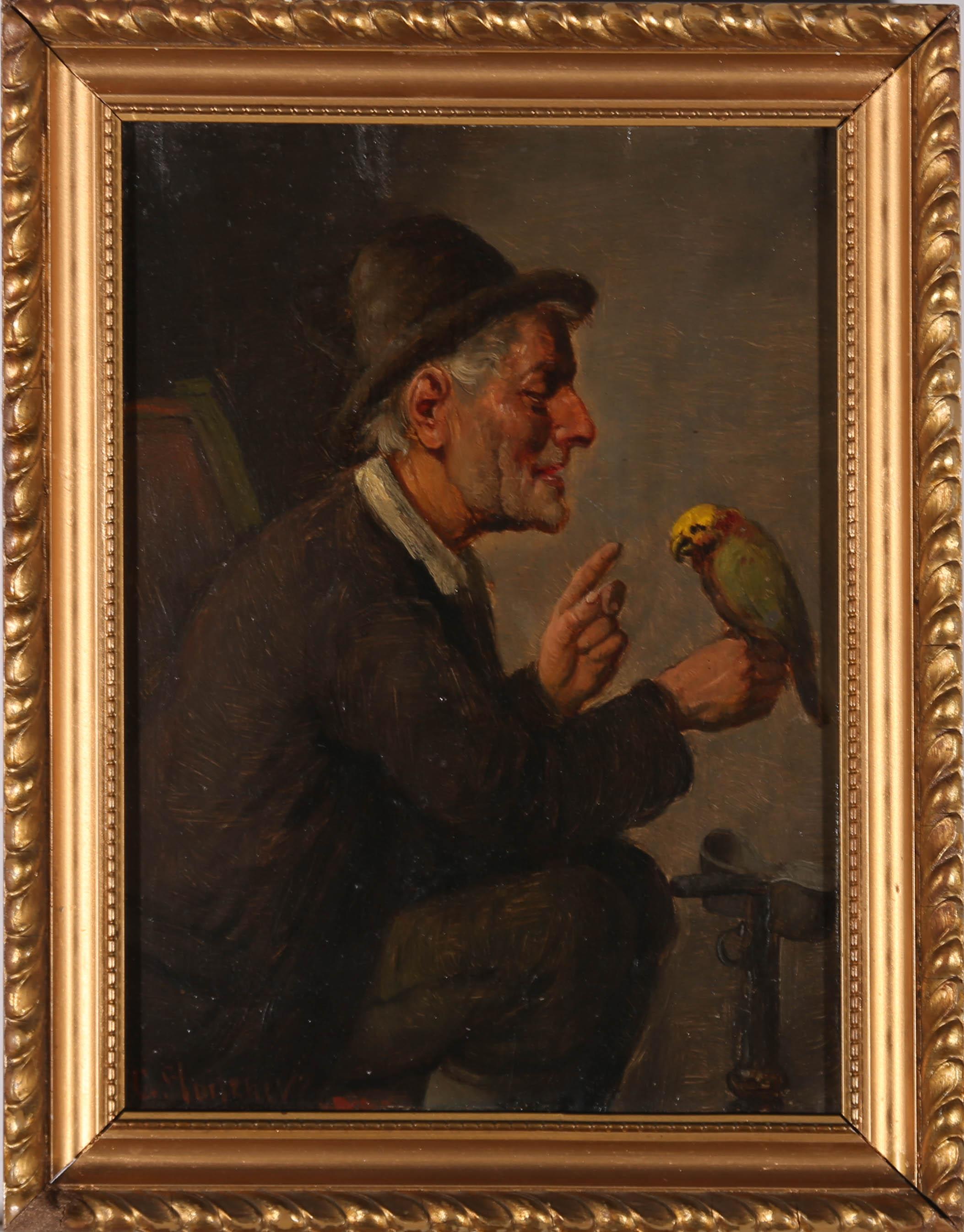 A delightful oil on board of an elderly gentleman sat on a chair and talking to his bird whilst it sits on his fist. The artist has sometimes been known as Konstantin Stoitzner, however has been known to sign as C. Stoitzner as is to the lower left