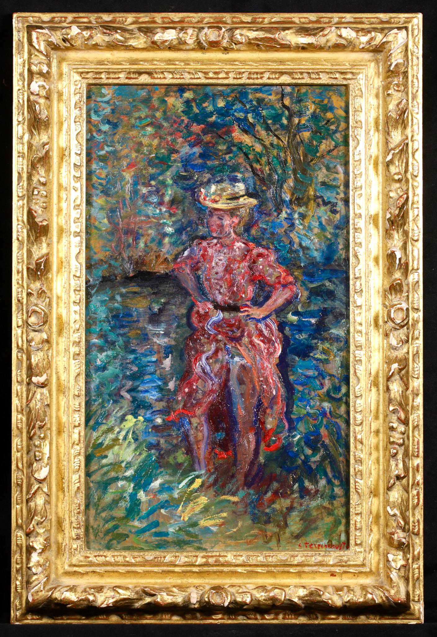 Signed impressionist figurative oil on board circa 1940 by Russian painter Constantin Terechkovitch. The piece depicts a portrait of a lady in a dress and sun hat undressing in a wooded area beside a lake. The red of the dress contrasts beautifully