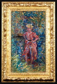 Antique La Baigneuse - Impressionist Portrait Oil Painting by Constantin Terechkovitch