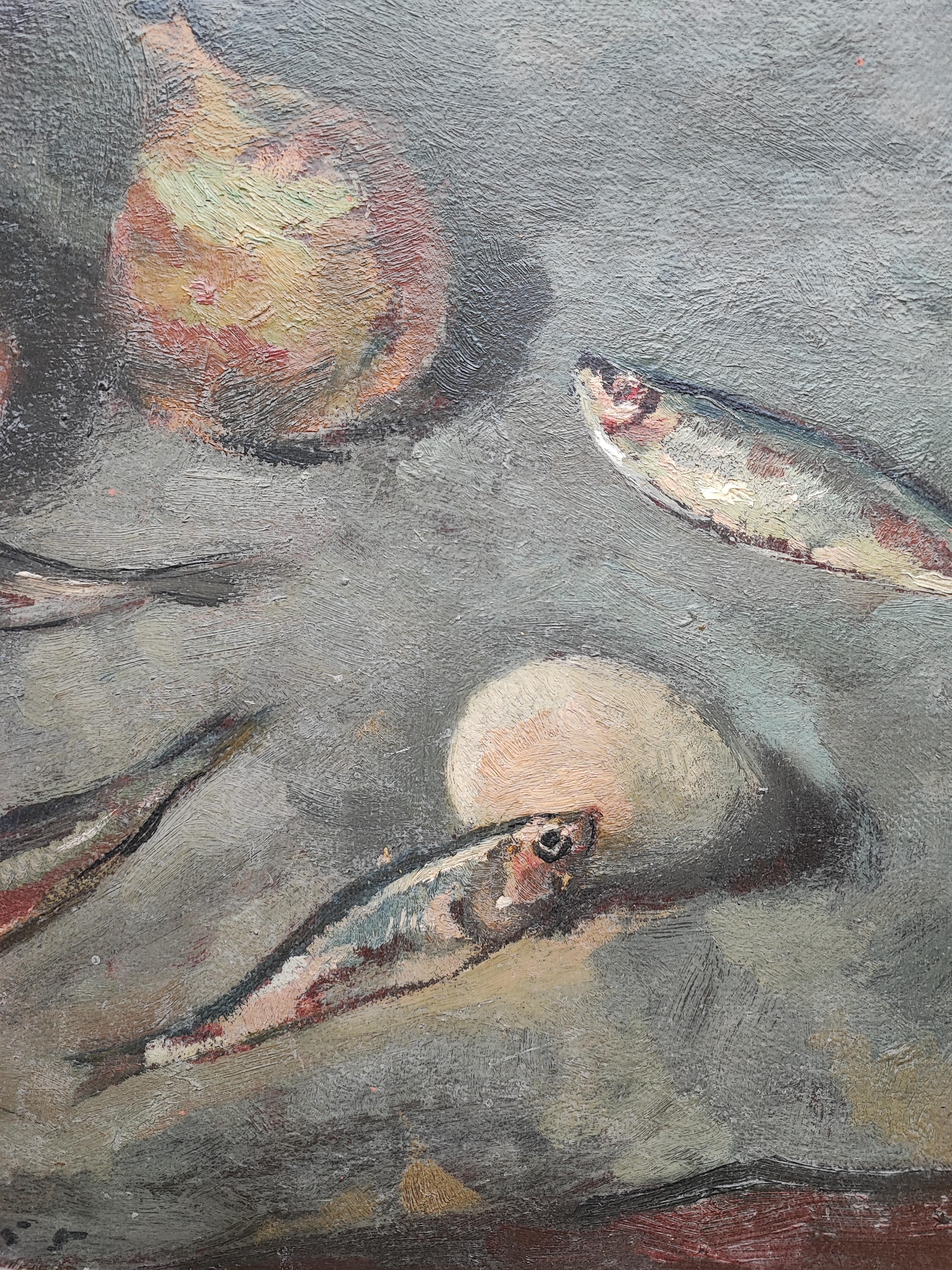Still Life with Sardines - Gray Still-Life Painting by Constantin Terechkovitch