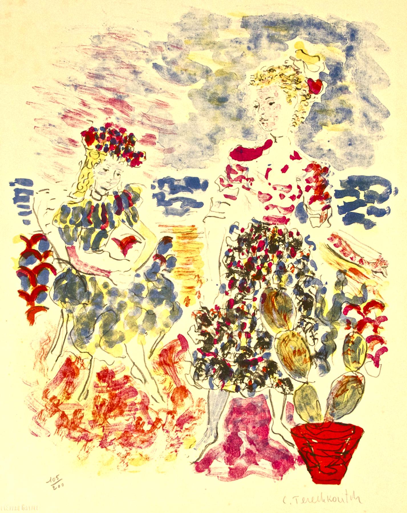 Bridesmaids with Flowers - Original Lithograph by C. Terechkovitch 