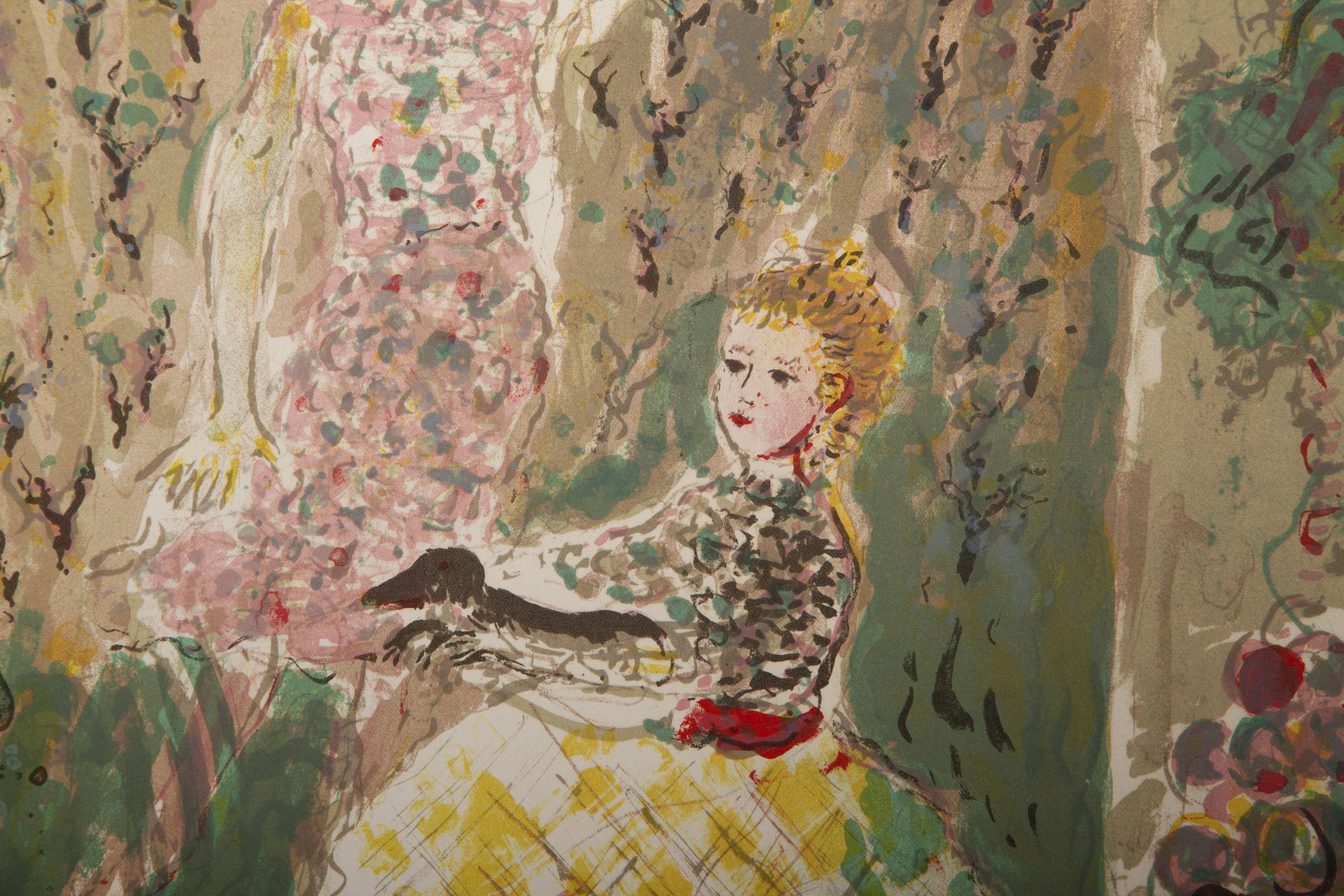 Niñas con perro salchicha, litografía impresionista de Constantin Terechkovitch en venta 1