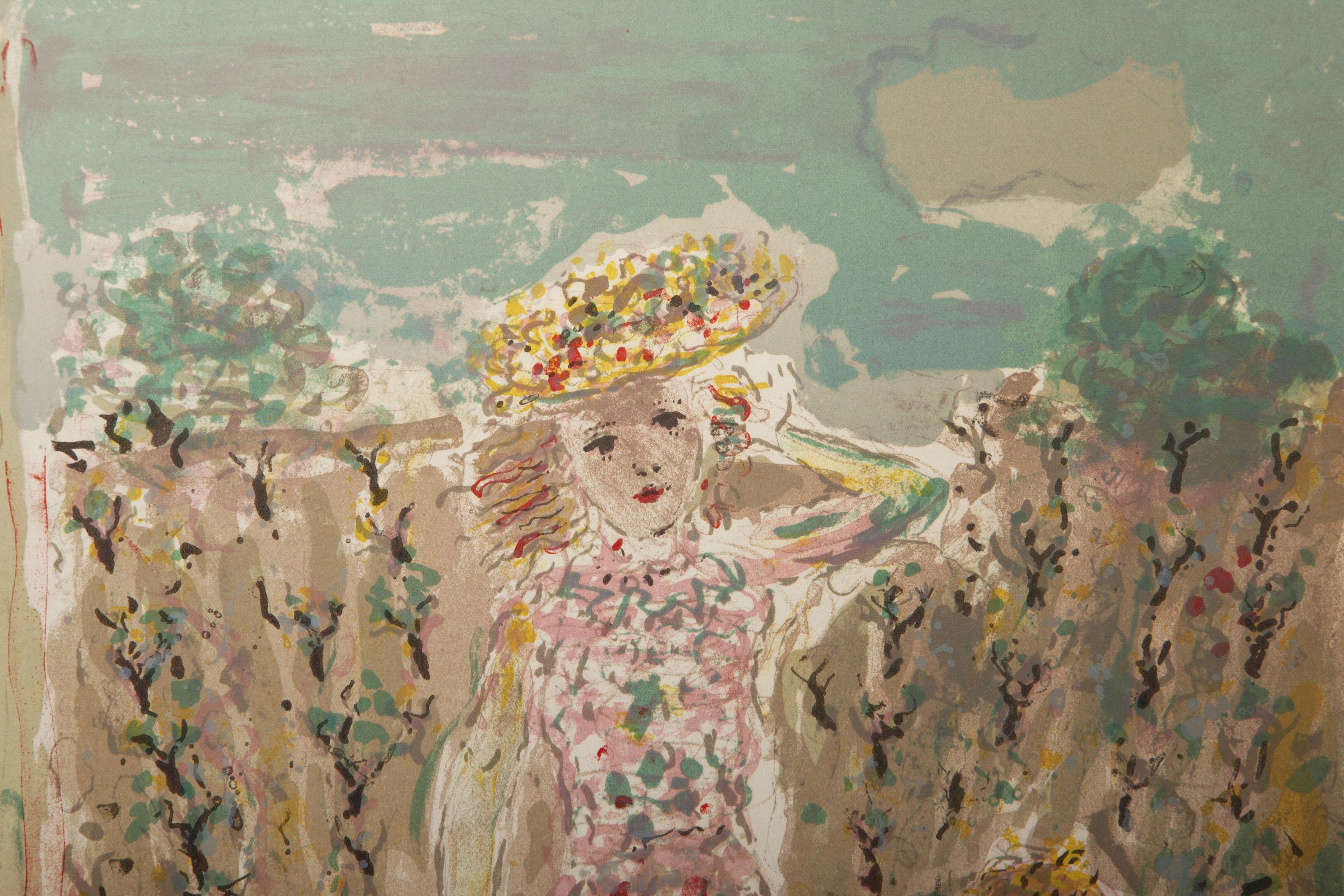 Niñas con perro salchicha, litografía impresionista de Constantin Terechkovitch en venta 2