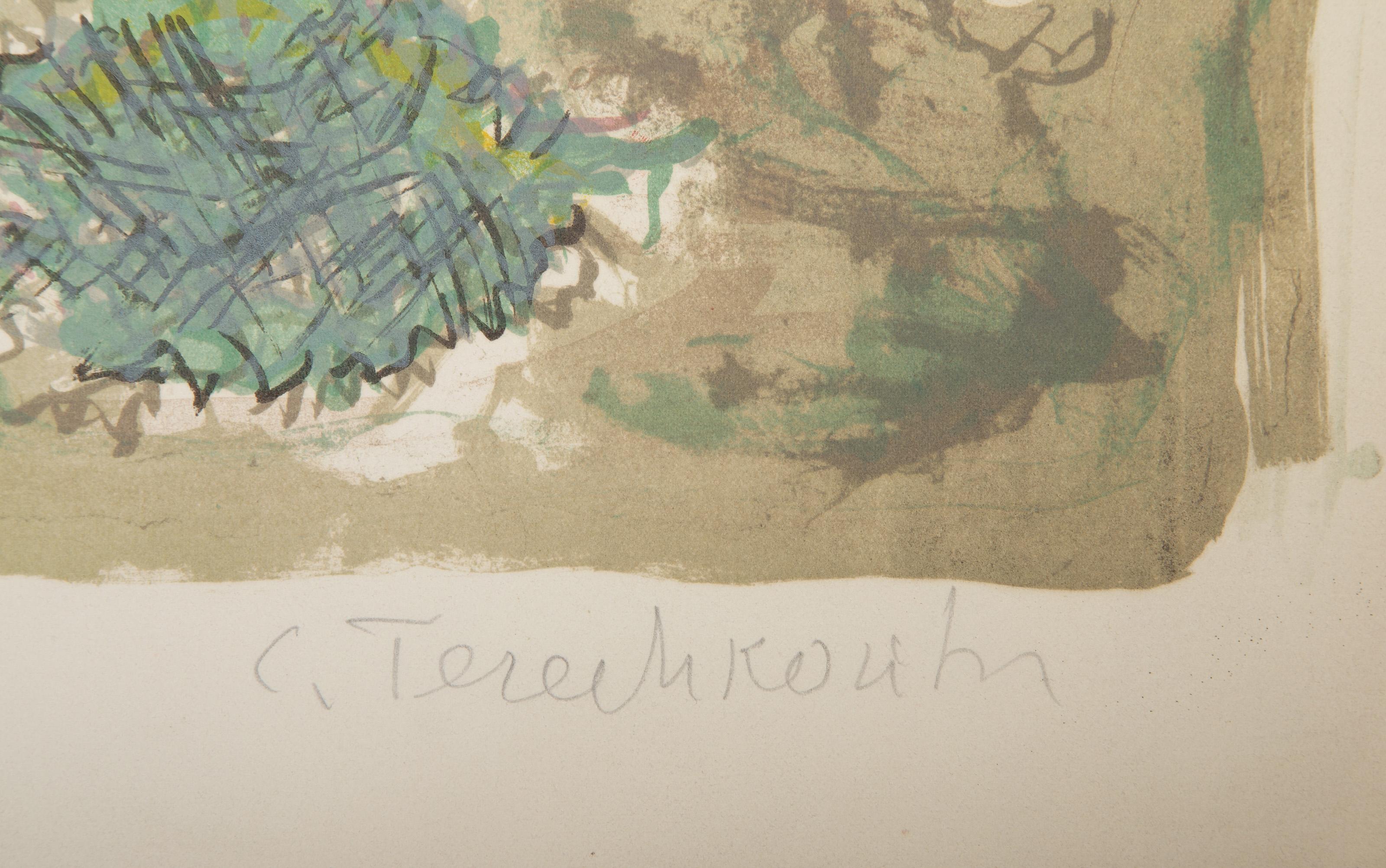 Niñas con perro salchicha, litografía impresionista de Constantin Terechkovitch en venta 4