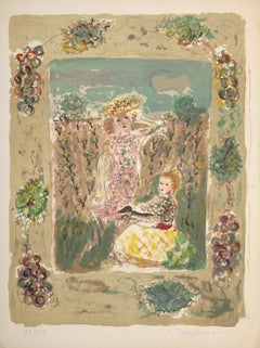 Niñas con perro salchicha, litografía impresionista de Constantin Terechkovitch