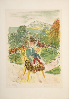 Mère et enfant, lithographie impressionniste de Constantin Terechkovitch