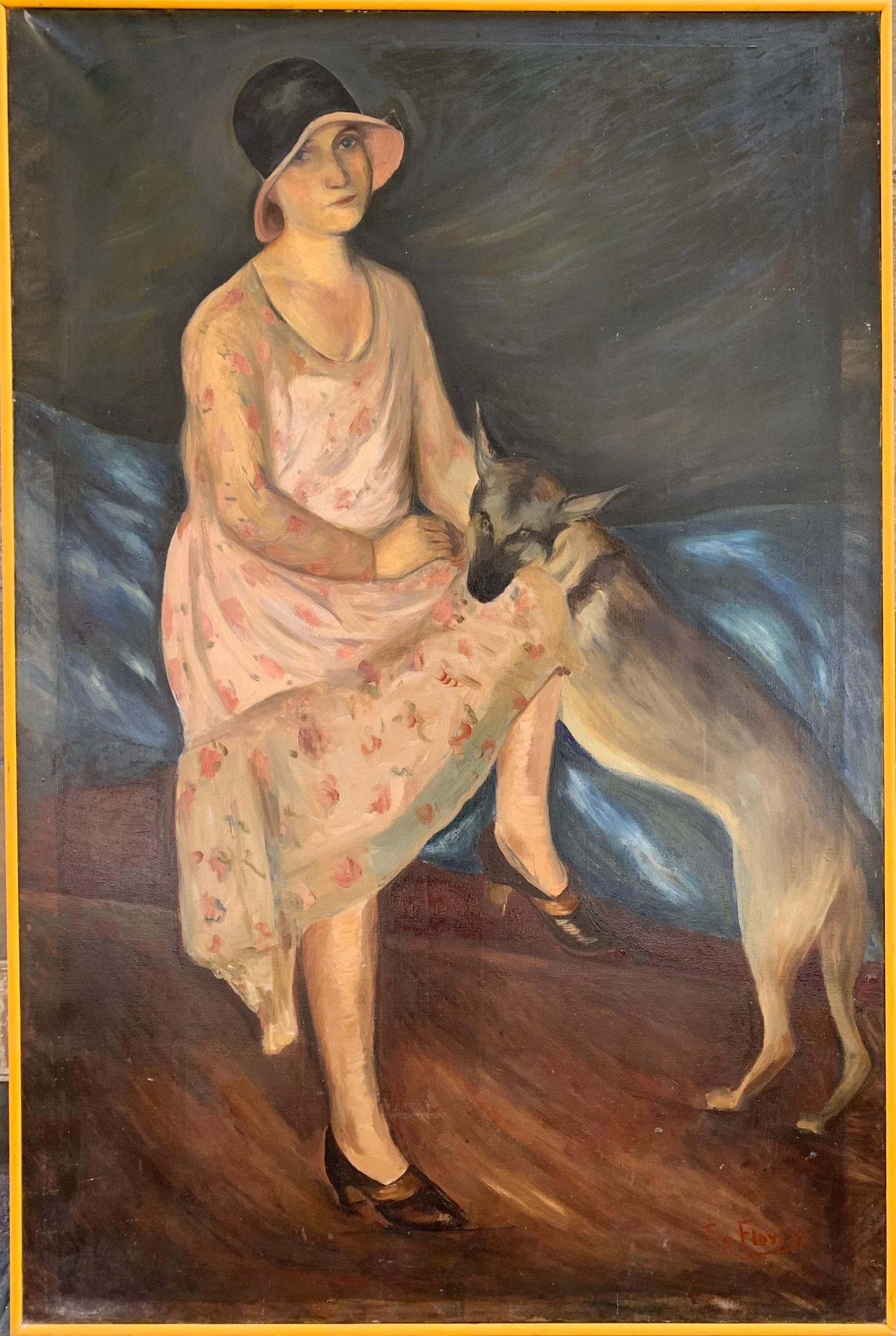 Constantin (Tin) Florias  Portrait Painting - 1920s Portrait of Lady with Dog with label from exibition in Paris in 1924. 