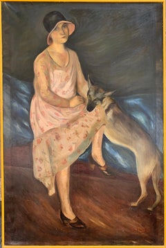 1920s Portrait of Lady with Dog with label from exibition in Paris in 1924. 