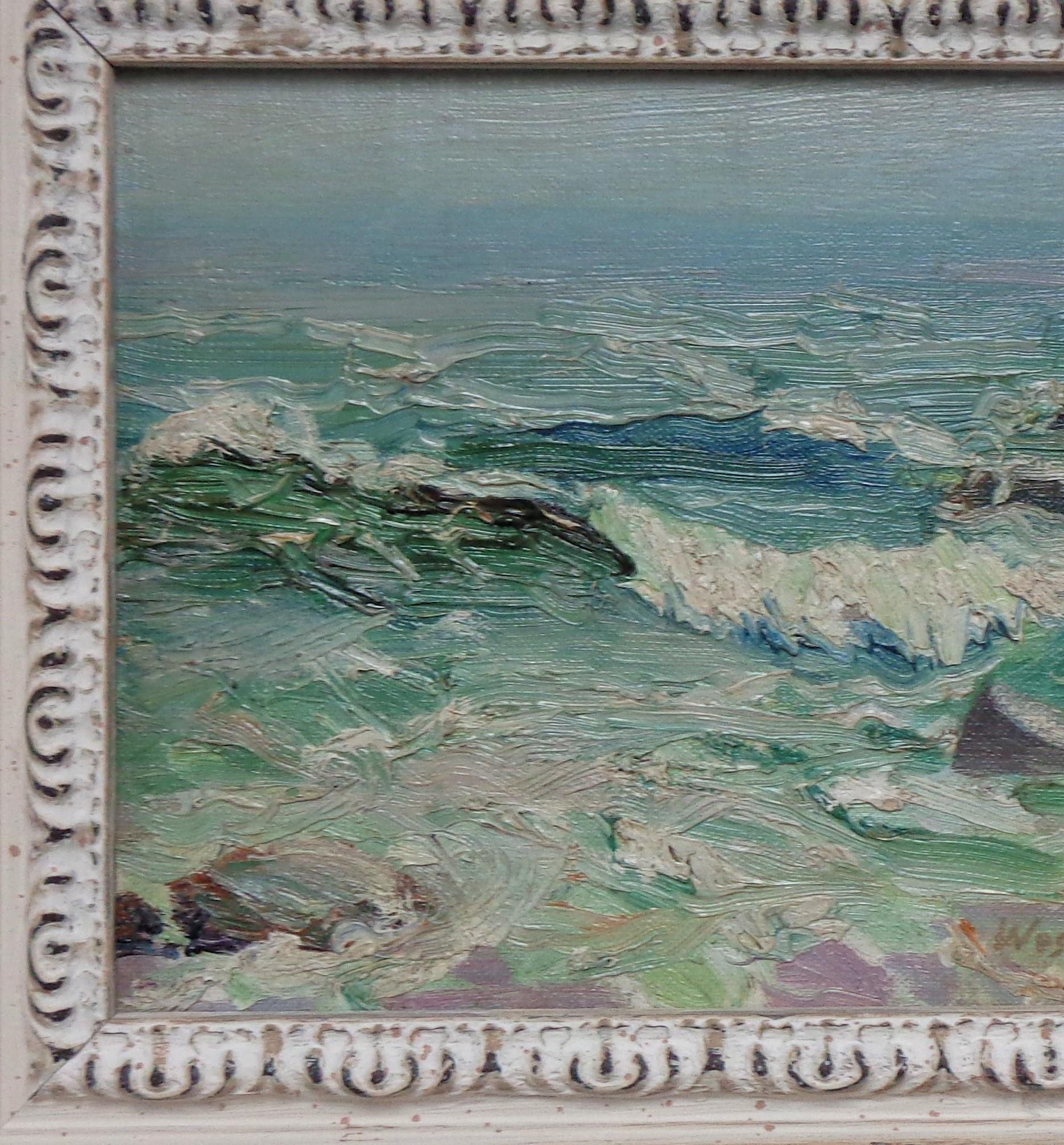 Rough Sea
oil on canvas board, image 9 x 12 signed LR
Constantin A. Westchiloff   1877 – 1945 was an impressionist painter born in Russia. He emigrated from Soviet Russia in 1922, lived in Italy (1923-1928), France (1929-1935), and immigrated to the