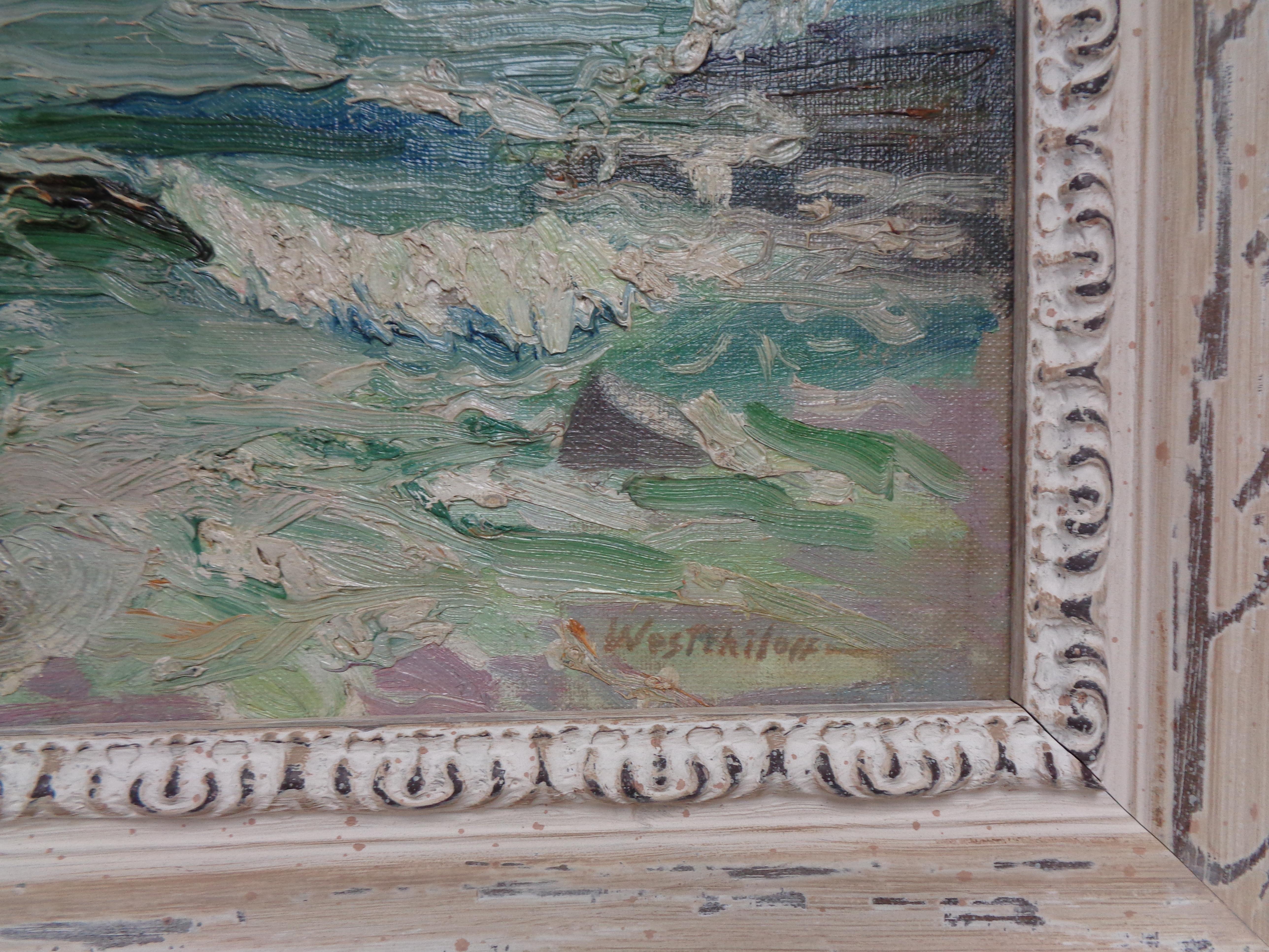 Constantine des russischen und amerikanischen Impressionisten  Westchiloff Meereslandschaft, Ölgemälde (Grau), Landscape Painting, von Constantine A Westchiloff