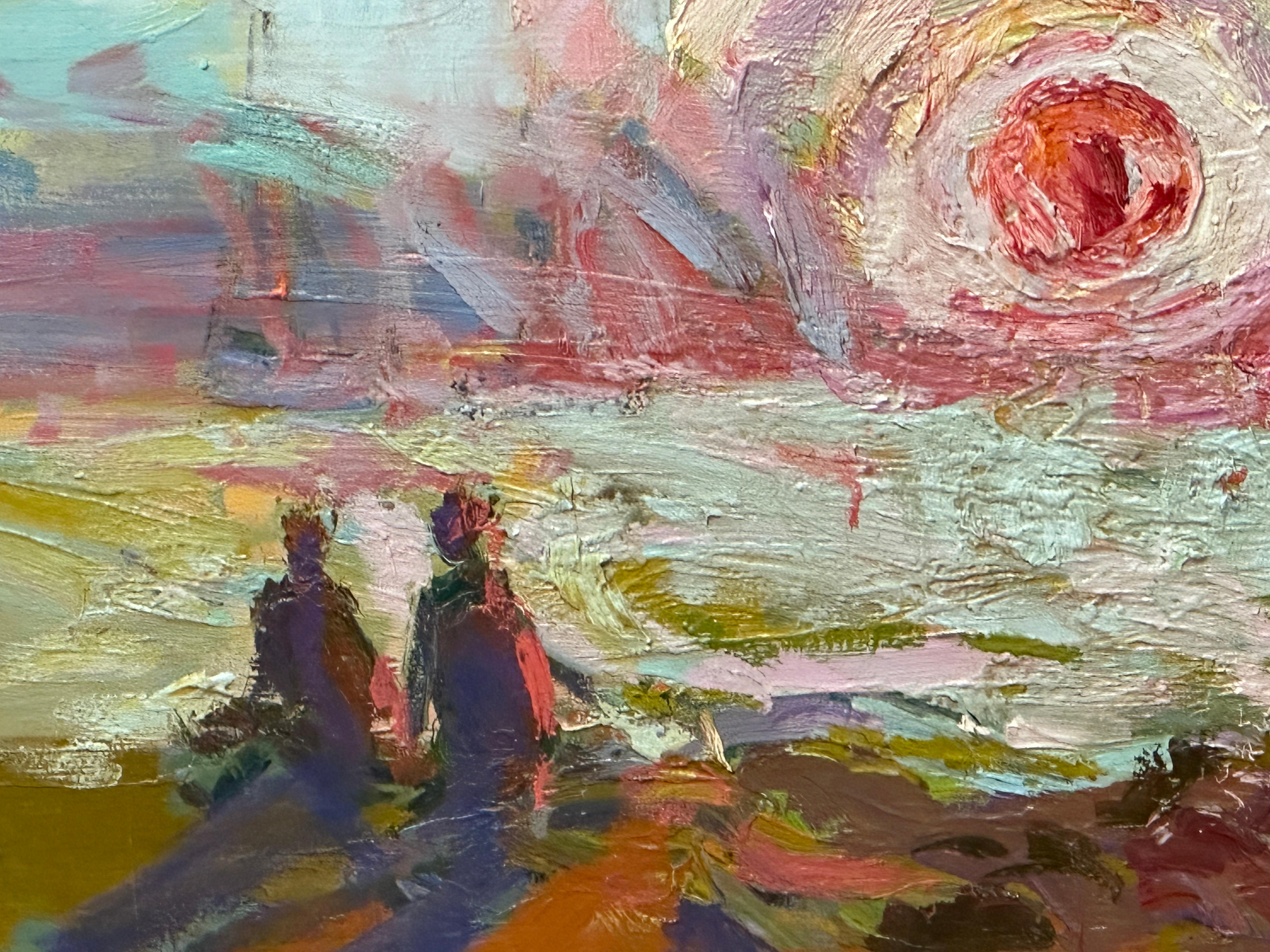 In this stunning figurative work, Constantine the artist, captures the essence of a beach scene at sunset. Using bold strokes and vivid colors creates a sense of urgency and immediacy, as if the viewer is witnessing the sunset in real-time. The