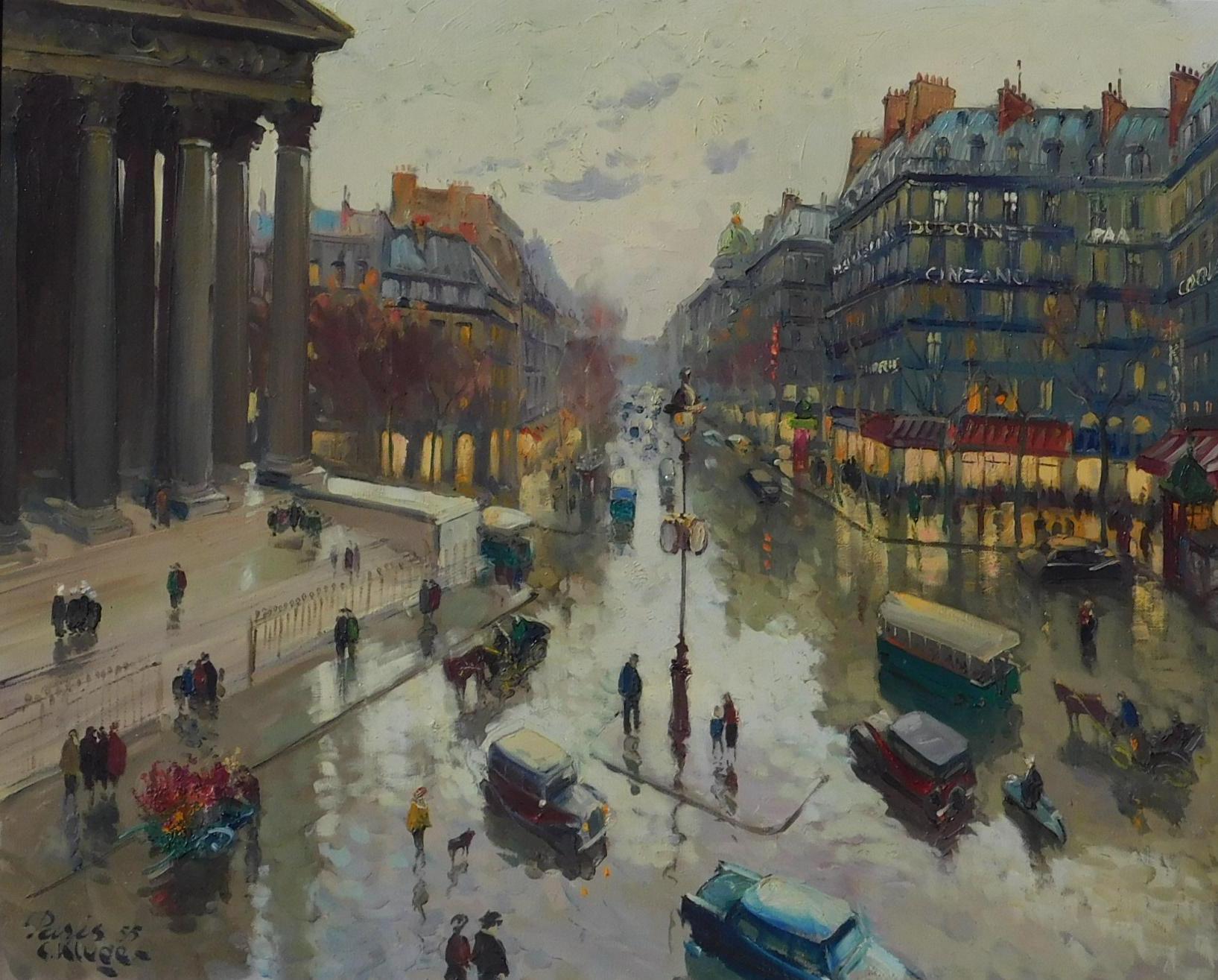 Wonderful atmospheric oil on canvas of Paris by Russian/French artist Constantine Kluge (1912 - 2003).
Signed lower left “C. Kluge” and dated ‘55. In excellent condition. Framed beautifully. 
Painting measures 24 x 30 inches. Frame measures 32 ½ x