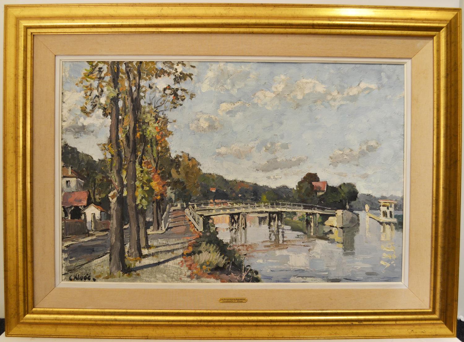 This painting of 'the Bougival locks' depicts waterside life complete with an almost homey feel to the piece.  The blue cloud-dotted sky compliments thedarker blues used in the water while drawing the attention of the viewer to the whites of the