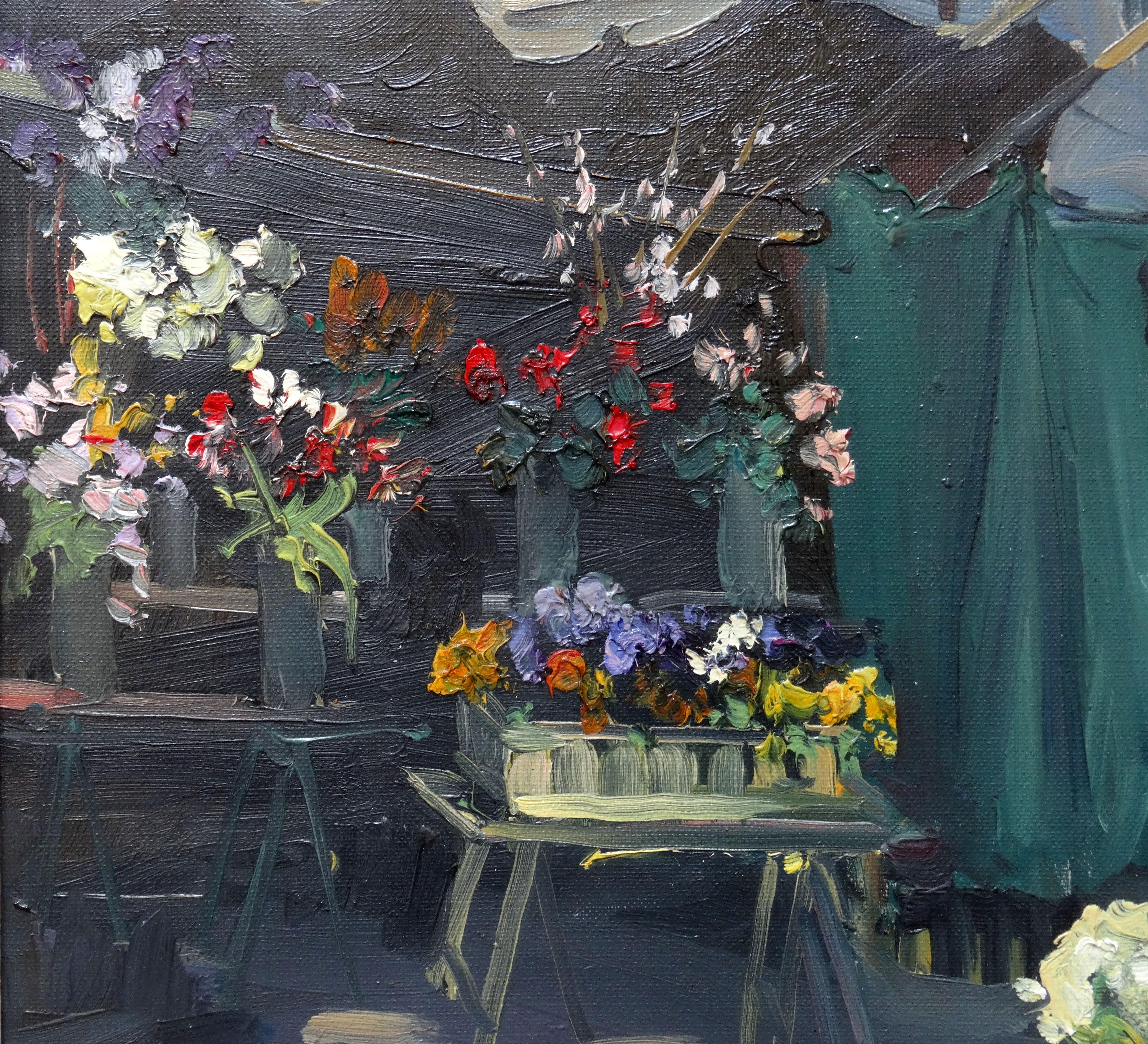 Flower market in front of the Madeleine in Paris. Oil on canvas, 54x65 cm - Impressionist Painting by Constantine Kluge