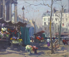 Marché aux fleurs devant la Madeleine à Paris. Huile sur toile, 54x65 cm