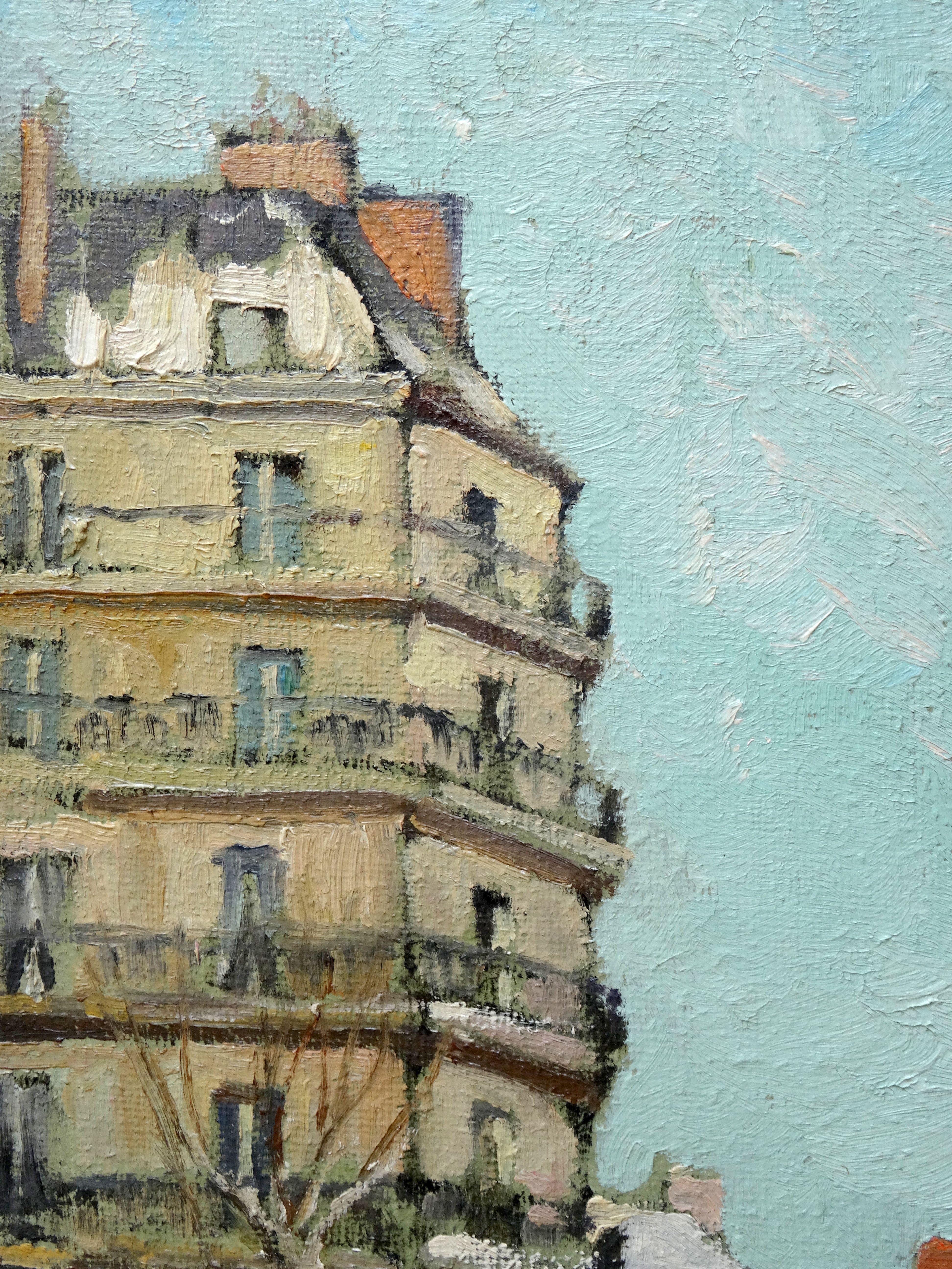 Saint Germain-des-Prés bajo la nieve. Óleo sobre lienzo, 60x92 cm - Landscape Painting Gris de Constantine Kluge