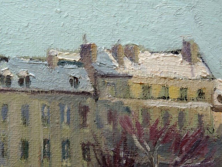 Saint Germain-des-Prés under the snow. Oil on canvas, 60x92 cm For Sale 1