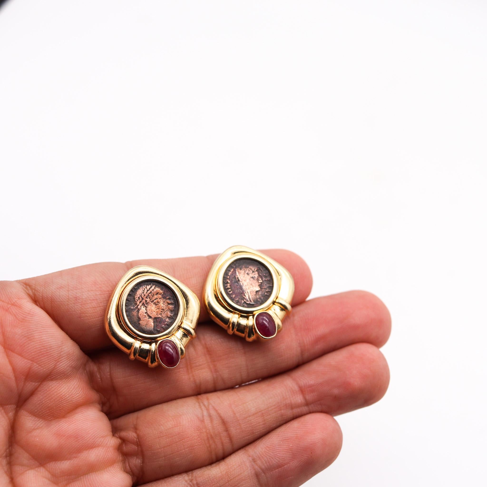 Cabochon Constantine The Great 307 AD Coins Earrings in 14kt Yellow Gold with Rubies For Sale