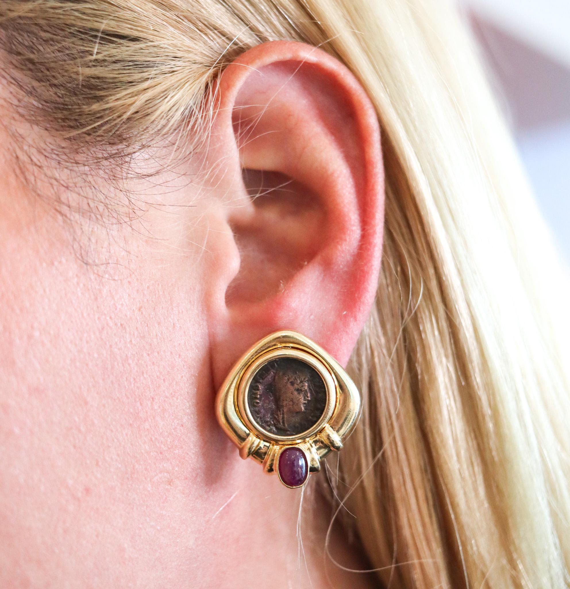 Cabochon Constantine The Great 307 AD Coins Earrings in 14kt Yellow Gold with Rubies