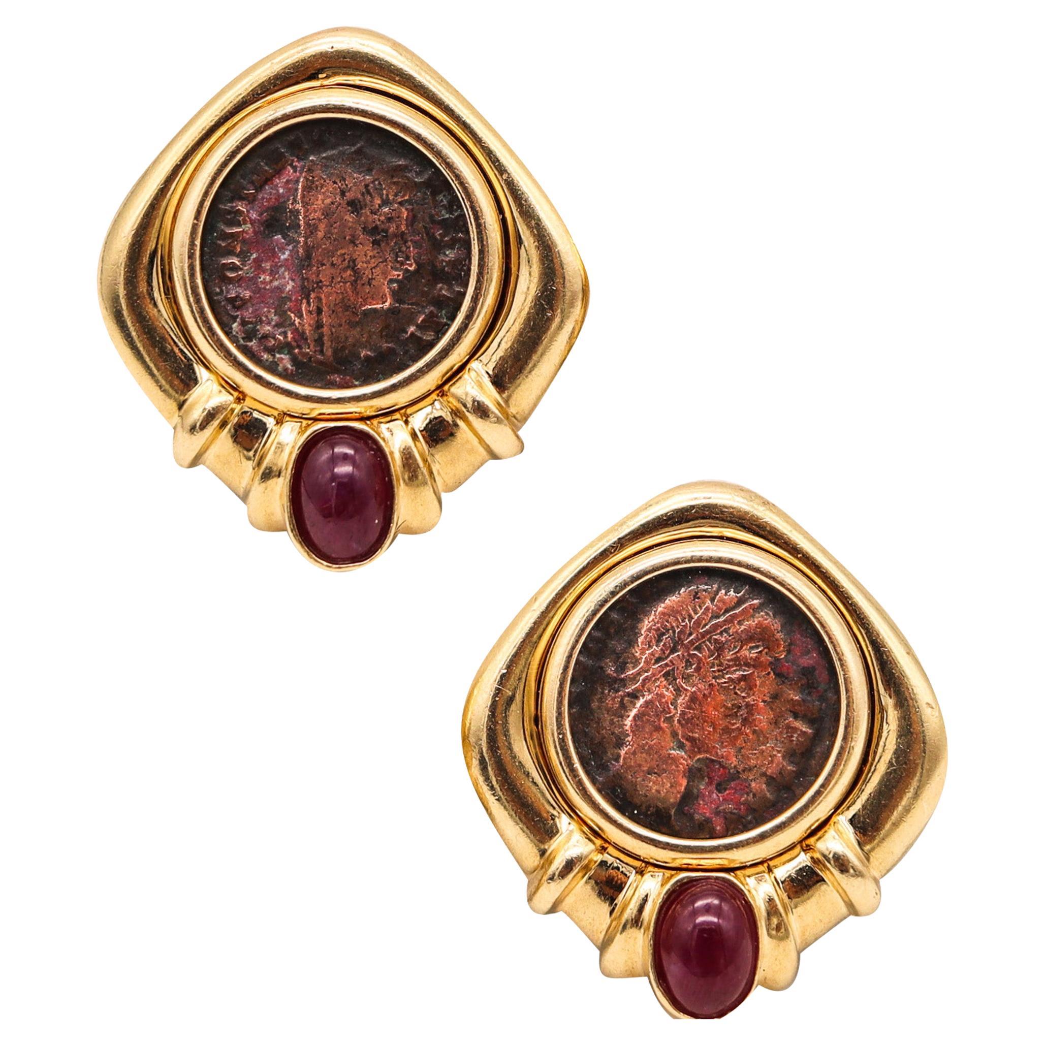 Constantine The Great 307 AD Coins Earrings in 14kt Yellow Gold with Rubies For Sale