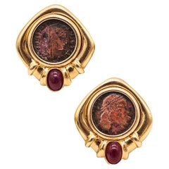 Retro Constantine The Great 307 AD Coins Earrings in 14kt Yellow Gold with Rubies