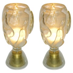Constantini 1980s Italian Pair of Modern Brass and Gold Murano Glass Lamps