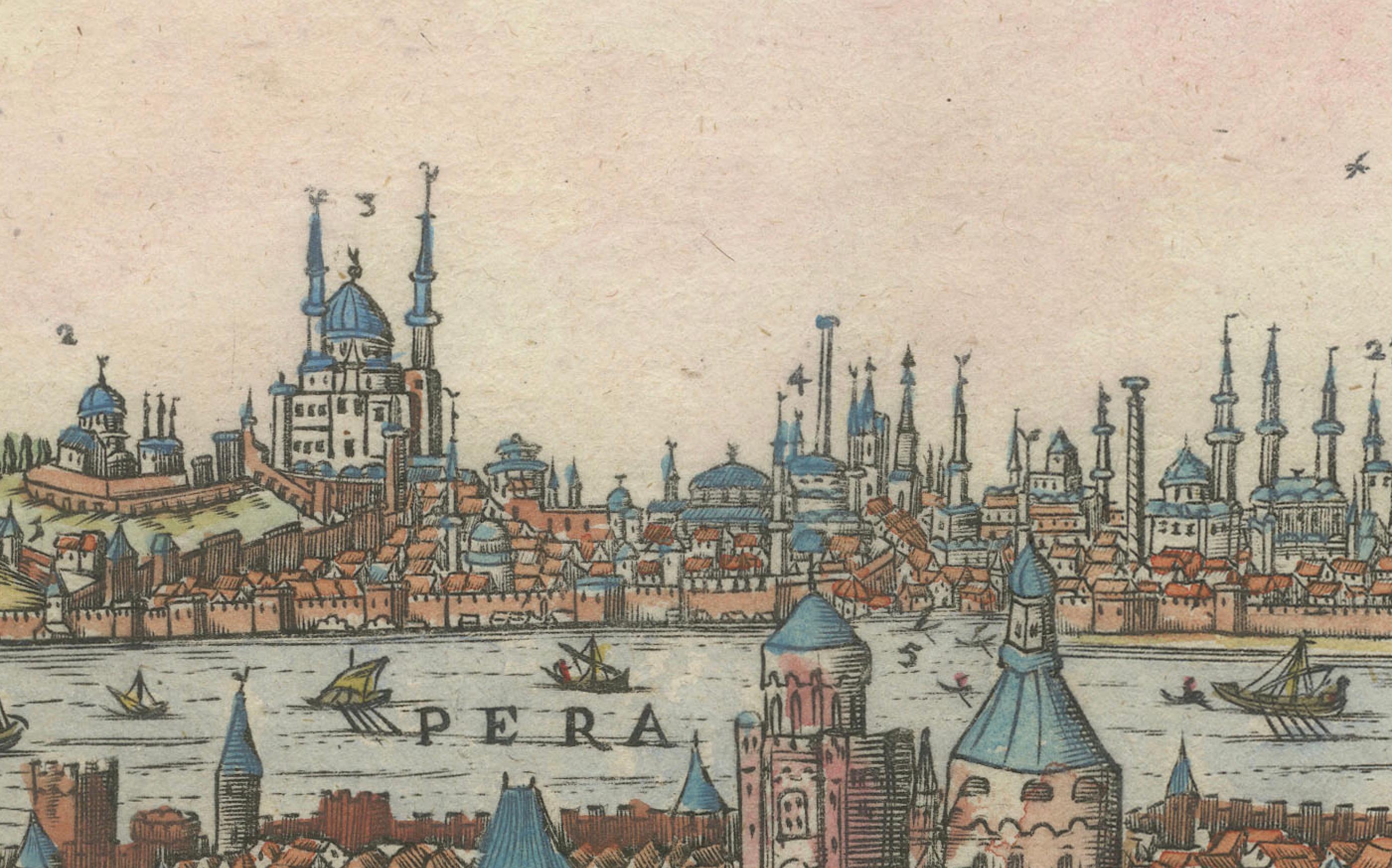 Constantinopel: A rare German copy of Matthaus Merian's view

Original Antique Engraved Map of Constantinopel. Old hand-coloured  Very rare and large bird's-eye view of Istanbul. The print bears many similarities to the also rare plates by Justus
