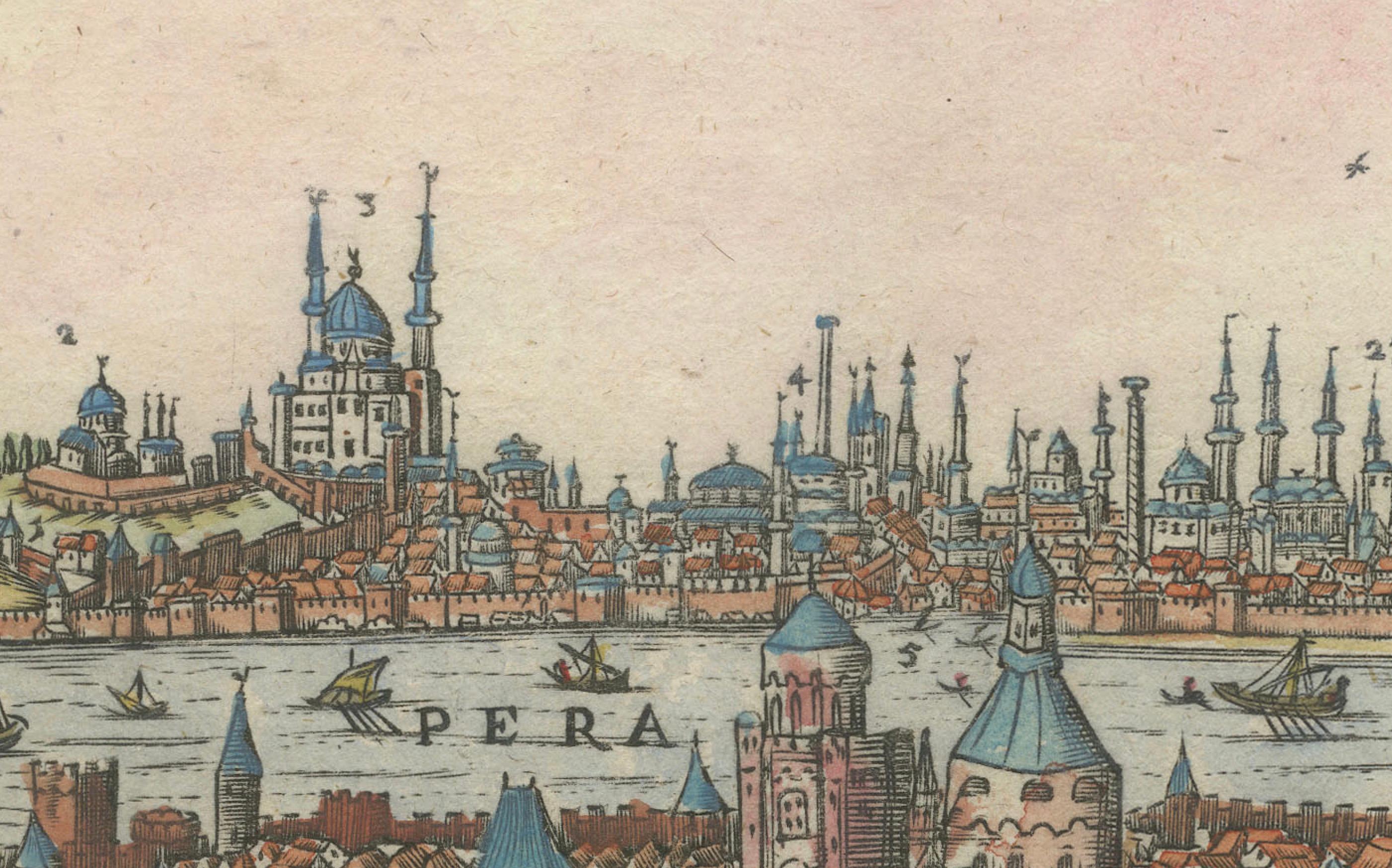 Constantinopel : Une rare copie allemande de la vue de Matthaus Merian

Carte gravée originale de Constantinopel. Anciennes couleurs à la main  Très rare et grande vue à vol d'oiseau d'Istanbul. L'estampe présente de nombreuses similitudes avec les