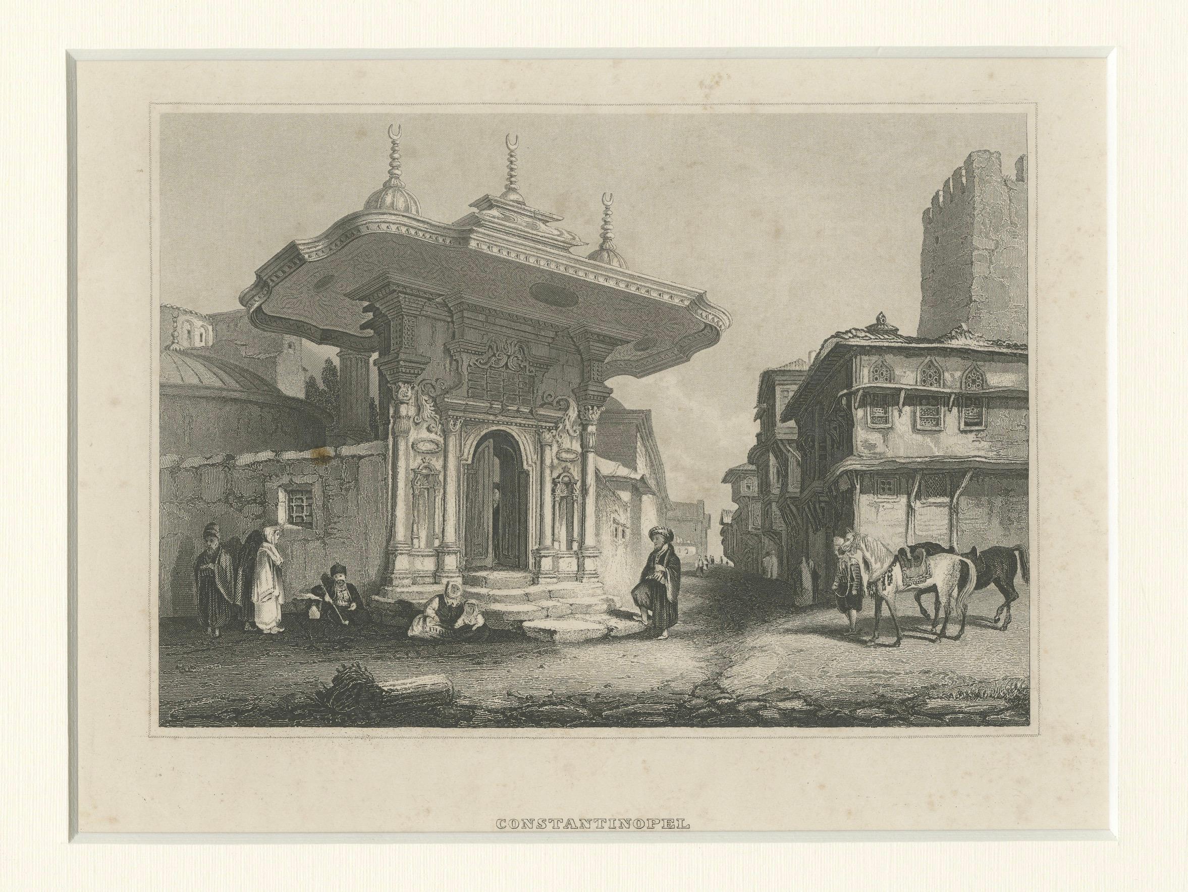 Constantinopel Osmanische Straßenszene Antiker holländischer Kupferstich um 1870

Dieser stimmungsvolle Kupferstich aus dem 19. Jahrhundert zeigt eine Straßenszene in Konstantinopel, dem heutigen Istanbul, in deren Mittelpunkt ein kunstvoller